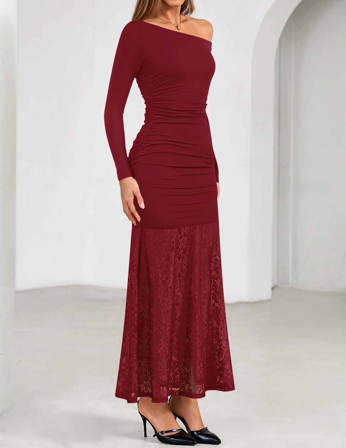 imageZESICA Womens Off Shoulder Cocktail Maxi Dresses 2025 Fall Long Sleeve Bodycon Ruched Lace Wedding Guest Party DressRed