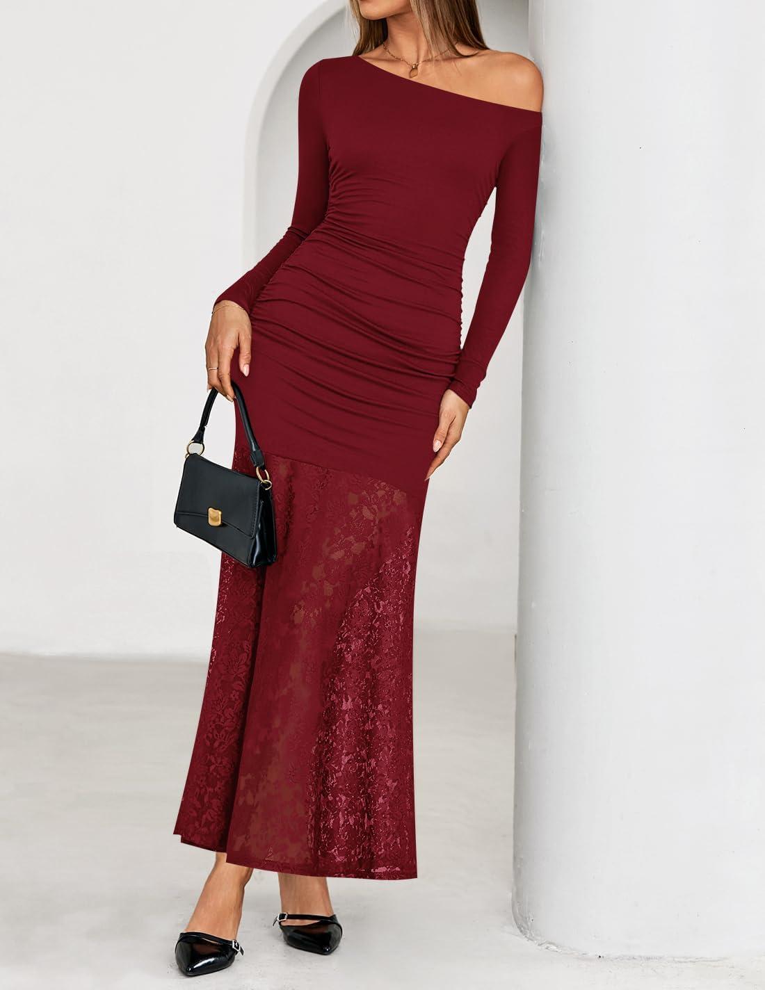 imageZESICA Womens Off Shoulder Cocktail Maxi Dresses 2025 Fall Long Sleeve Bodycon Ruched Lace Wedding Guest Party DressRed
