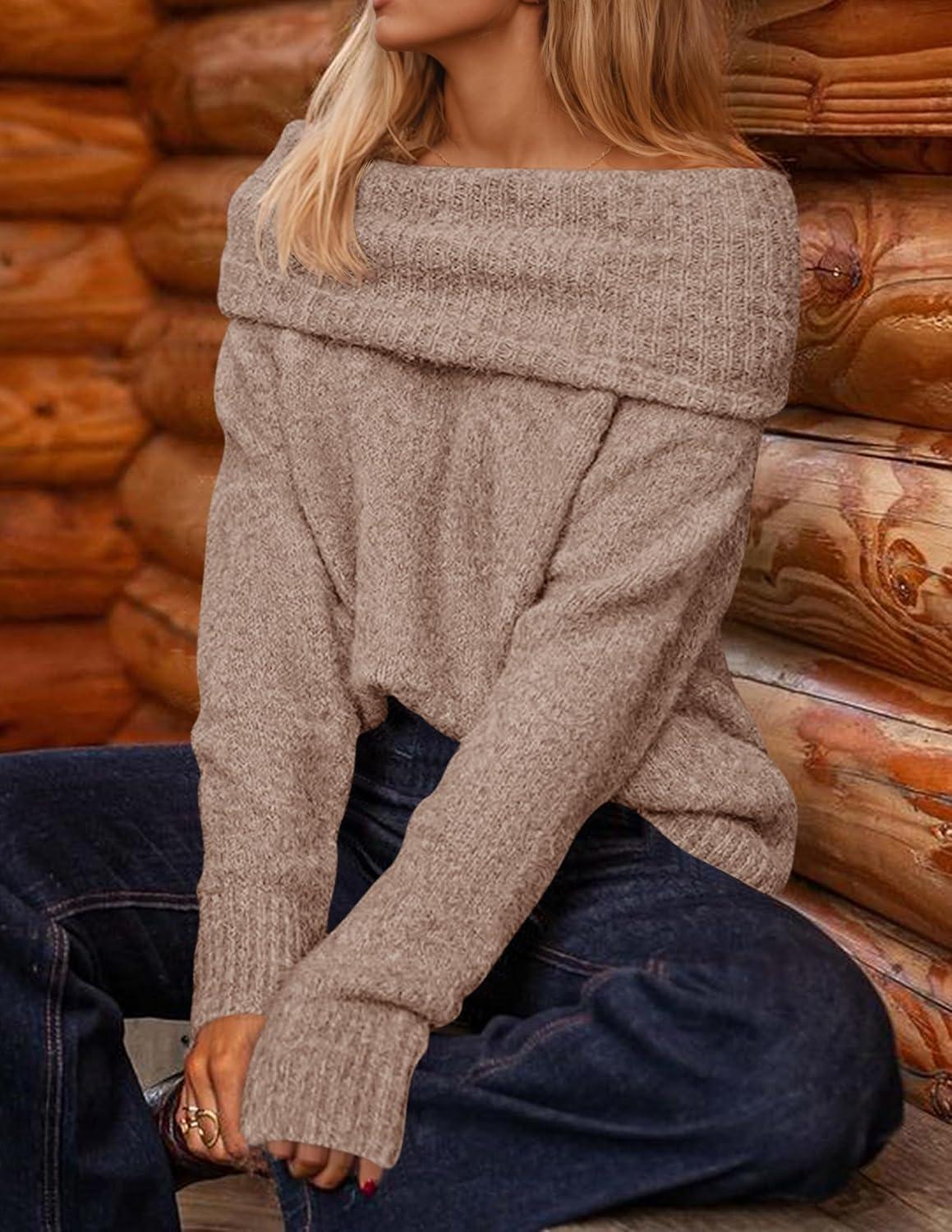 imageZESICA Womens Off The Shoulder Fall Sweaters Oversized Long Sleeve Pullover Tops 2025 Fashion Outfit ClothesApricot