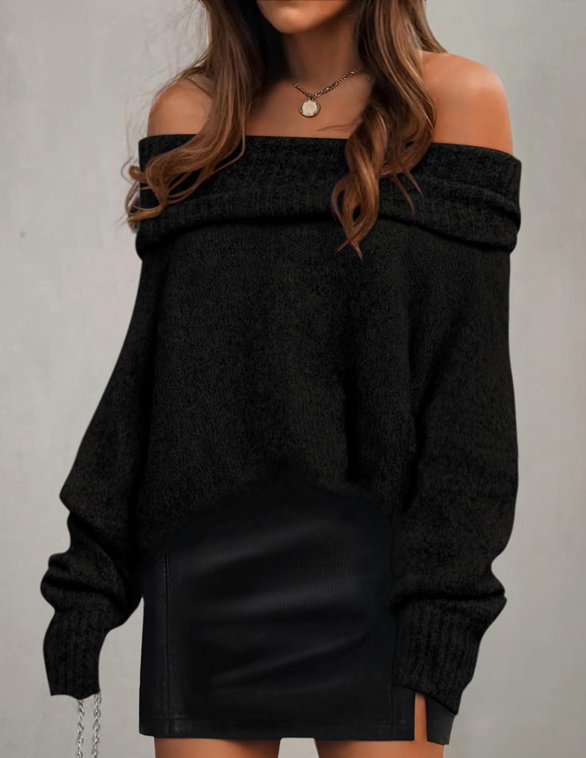 imageZESICA Womens Off The Shoulder Fall Sweaters Oversized Long Sleeve Pullover Tops 2025 Fashion Outfit ClothesBlack