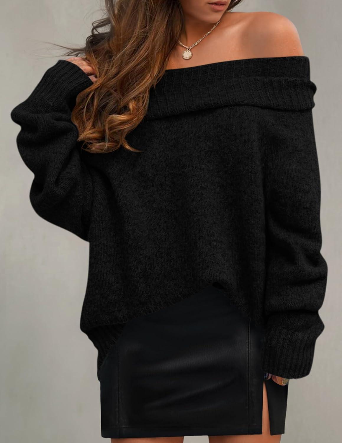 imageZESICA Womens Off The Shoulder Fall Sweaters Oversized Long Sleeve Pullover Tops 2025 Fashion Outfit ClothesBlack