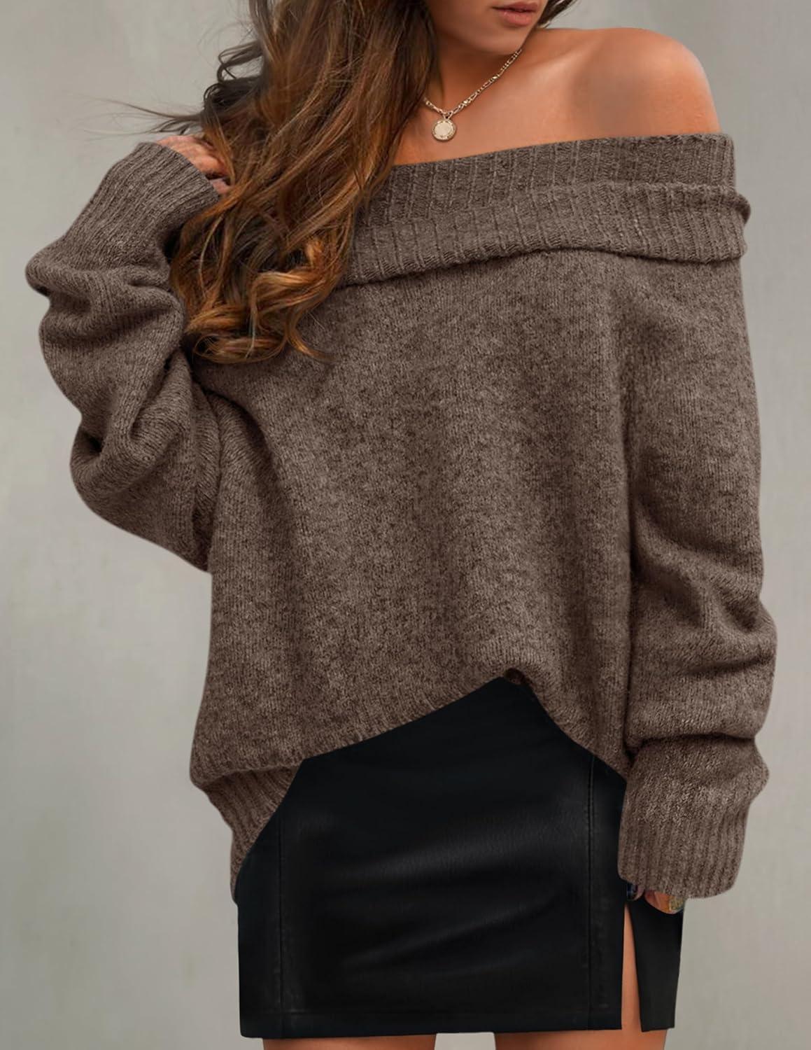imageZESICA Womens Off The Shoulder Fall Sweaters Oversized Long Sleeve Pullover Tops 2025 Fashion Outfit ClothesCoffee