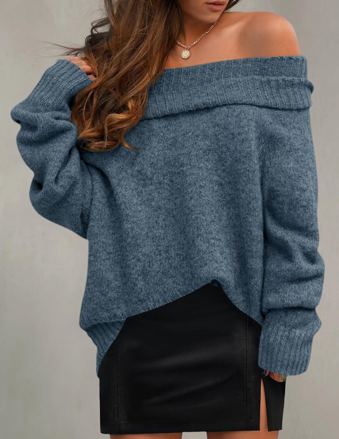 imageZESICA Womens Off The Shoulder Fall Sweaters Oversized Long Sleeve Pullover Tops 2025 Fashion Outfit ClothesDarkblue