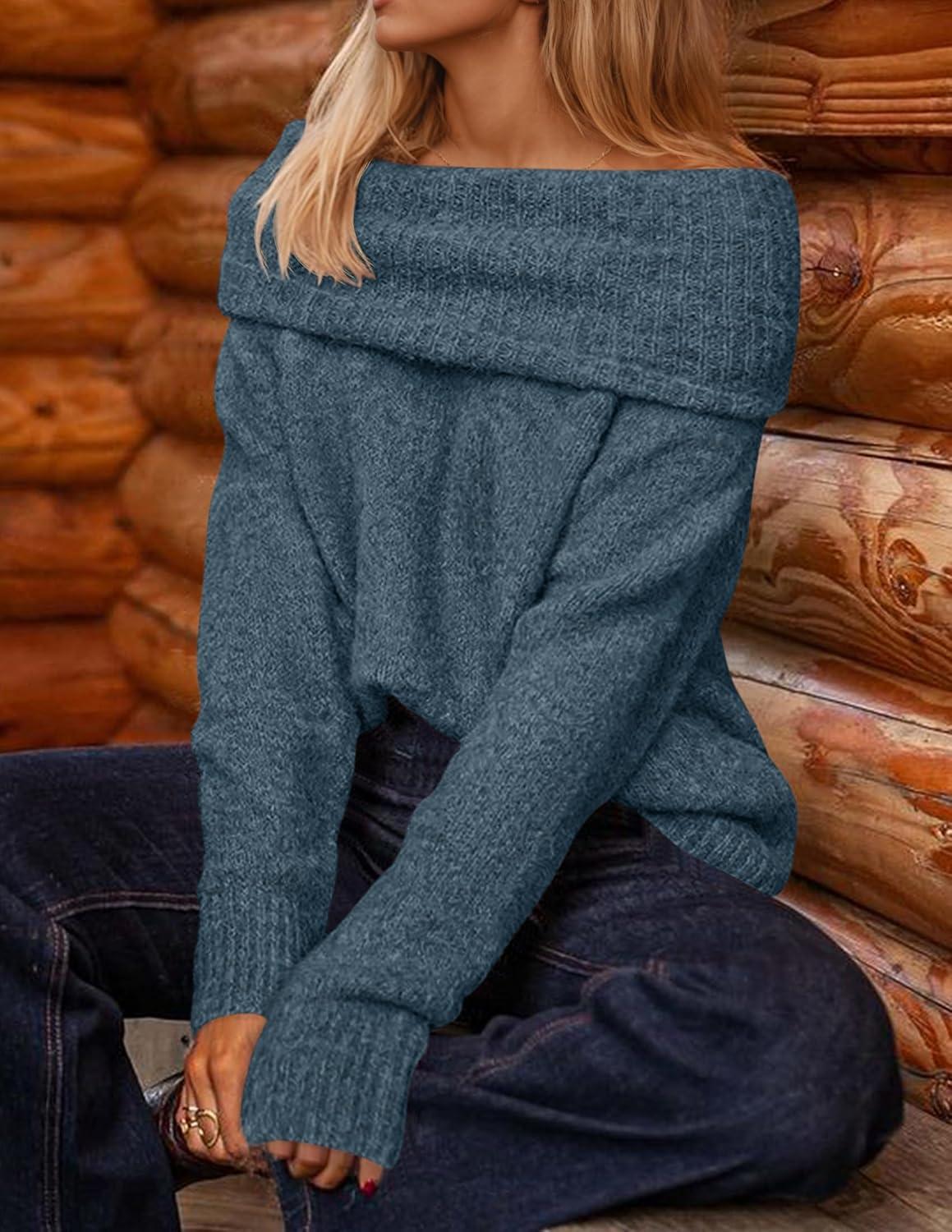 imageZESICA Womens Off The Shoulder Fall Sweaters Oversized Long Sleeve Pullover Tops 2025 Fashion Outfit ClothesDarkblue