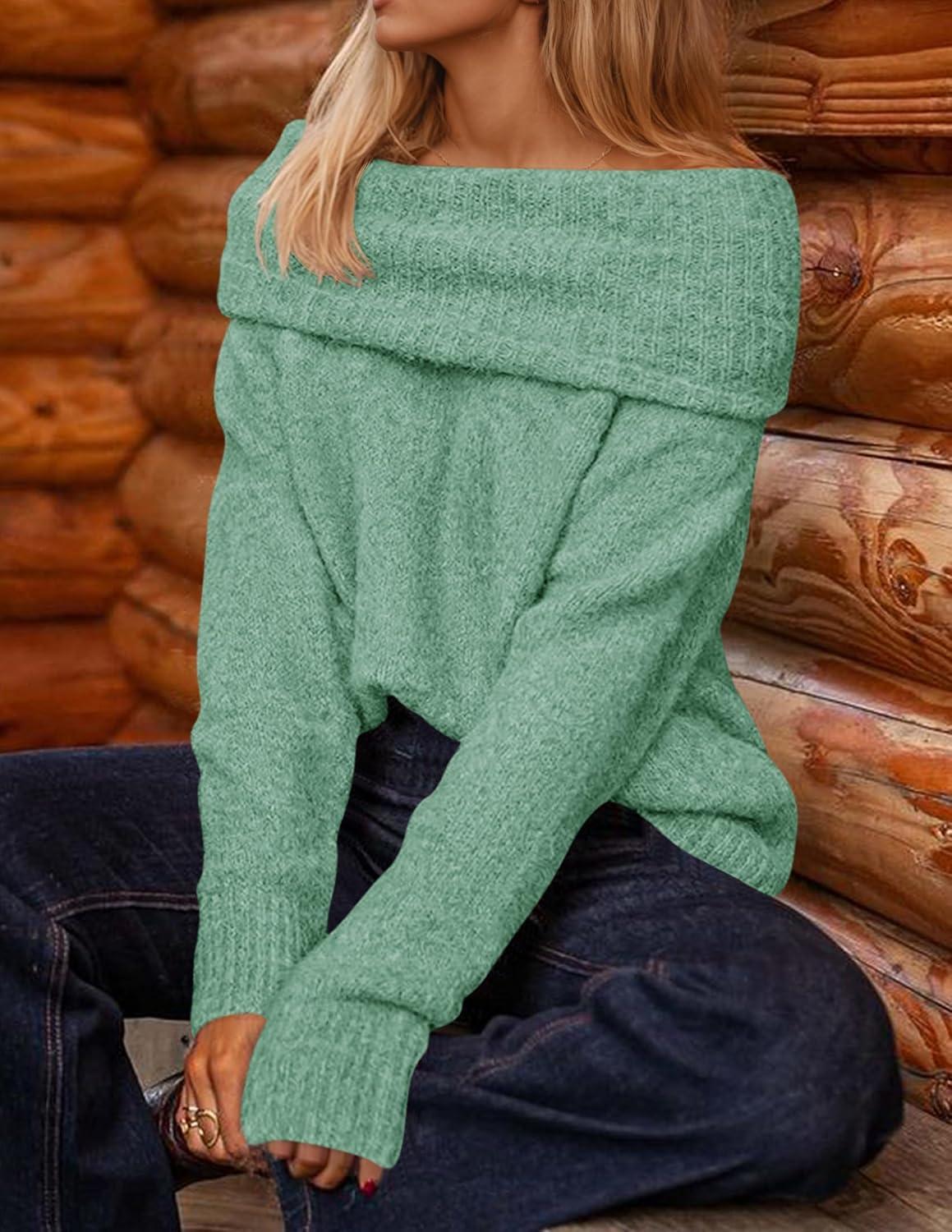 imageZESICA Womens Off The Shoulder Fall Sweaters Oversized Long Sleeve Pullover Tops 2025 Fashion Outfit ClothesGreen