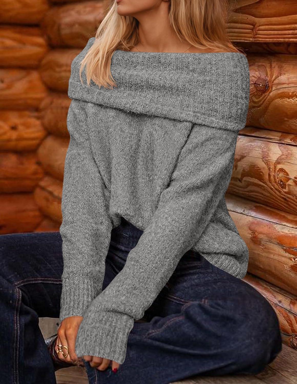 imageZESICA Womens Off The Shoulder Fall Sweaters Oversized Long Sleeve Pullover Tops 2025 Fashion Outfit ClothesGrey