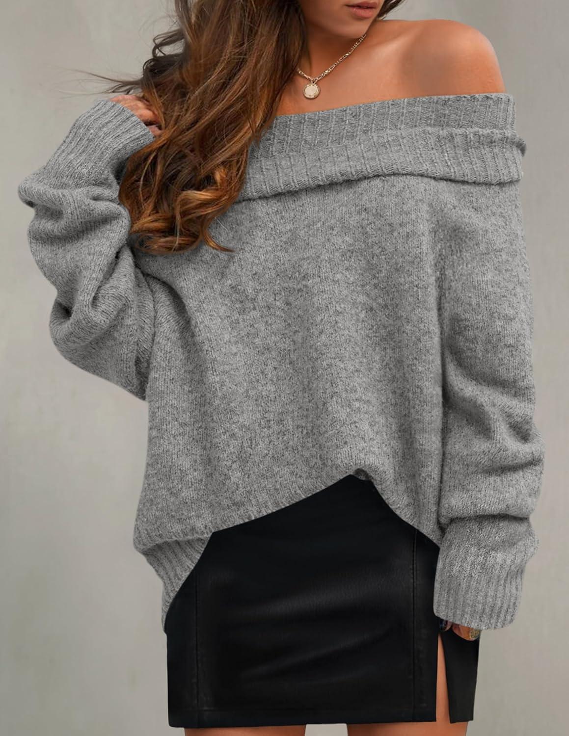 imageZESICA Womens Off The Shoulder Fall Sweaters Oversized Long Sleeve Pullover Tops 2025 Fashion Outfit ClothesGrey