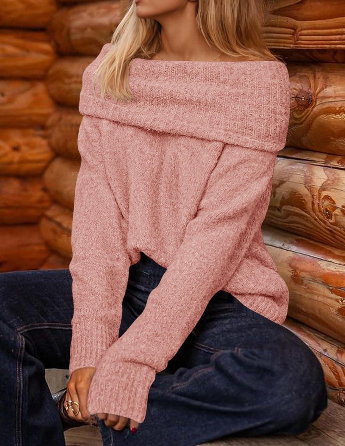 imageZESICA Womens Off The Shoulder Fall Sweaters Oversized Long Sleeve Pullover Tops 2025 Fashion Outfit ClothesPink