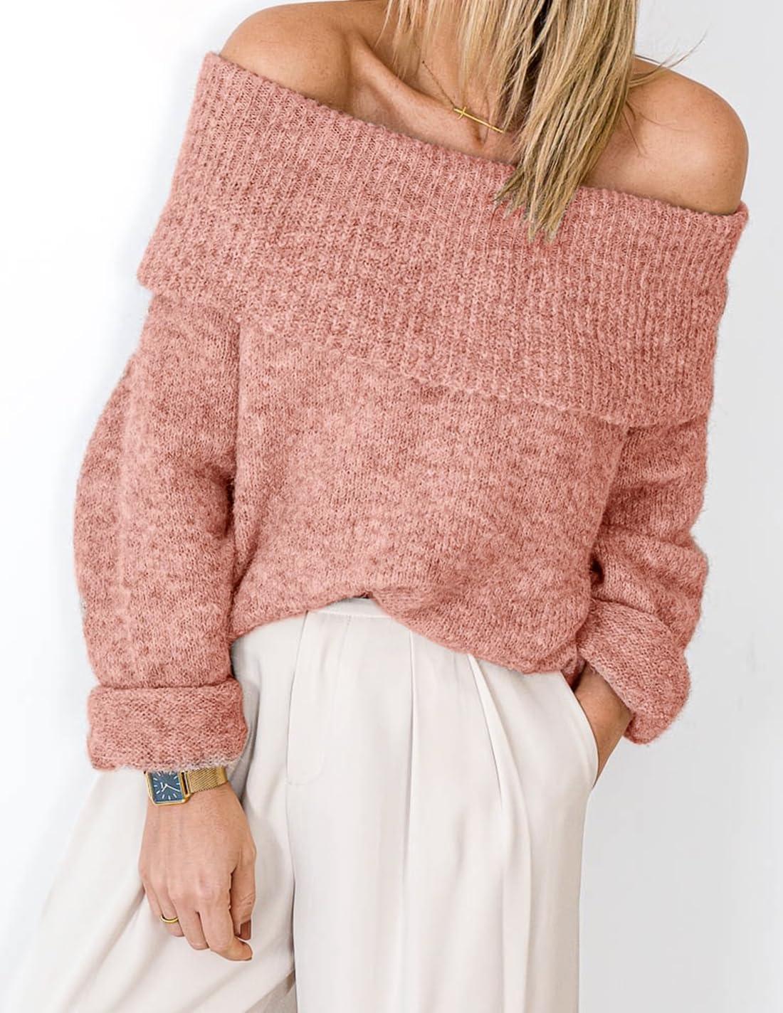 imageZESICA Womens Off The Shoulder Fall Sweaters Oversized Long Sleeve Pullover Tops 2025 Fashion Outfit ClothesPink