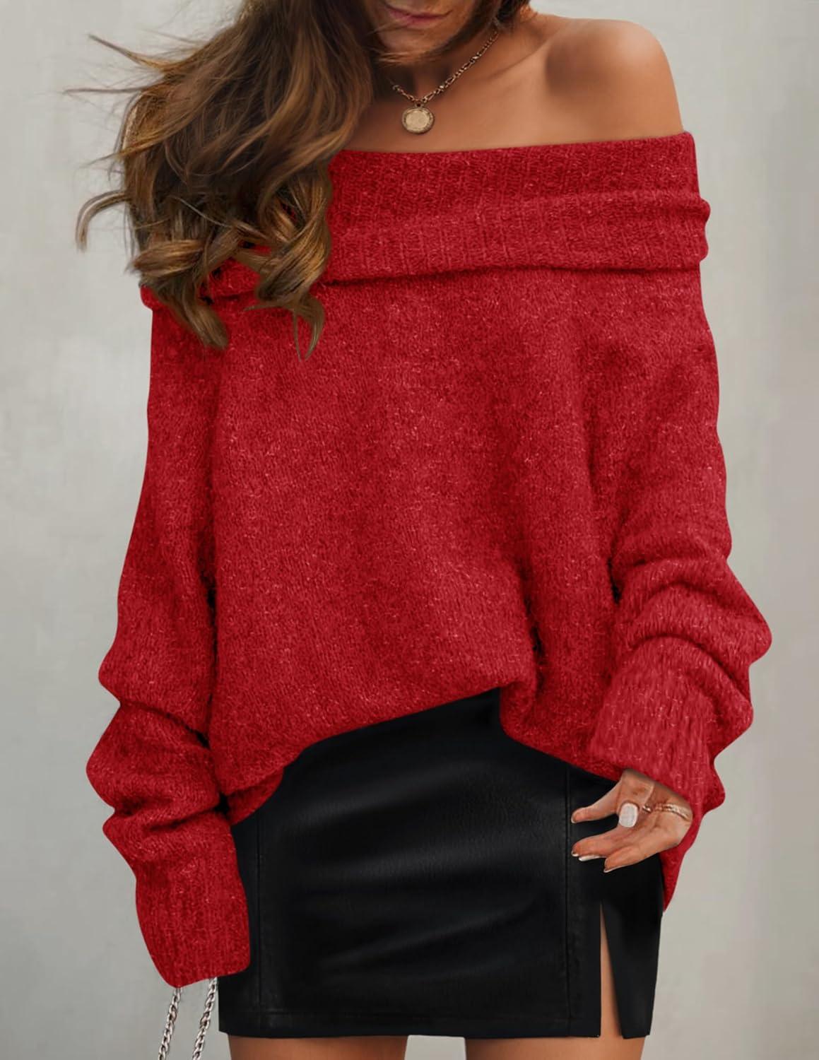 imageZESICA Womens Off The Shoulder Fall Sweaters Oversized Long Sleeve Pullover Tops 2025 Fashion Outfit ClothesRed