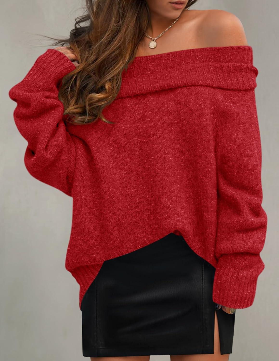 imageZESICA Womens Off The Shoulder Fall Sweaters Oversized Long Sleeve Pullover Tops 2025 Fashion Outfit ClothesRed