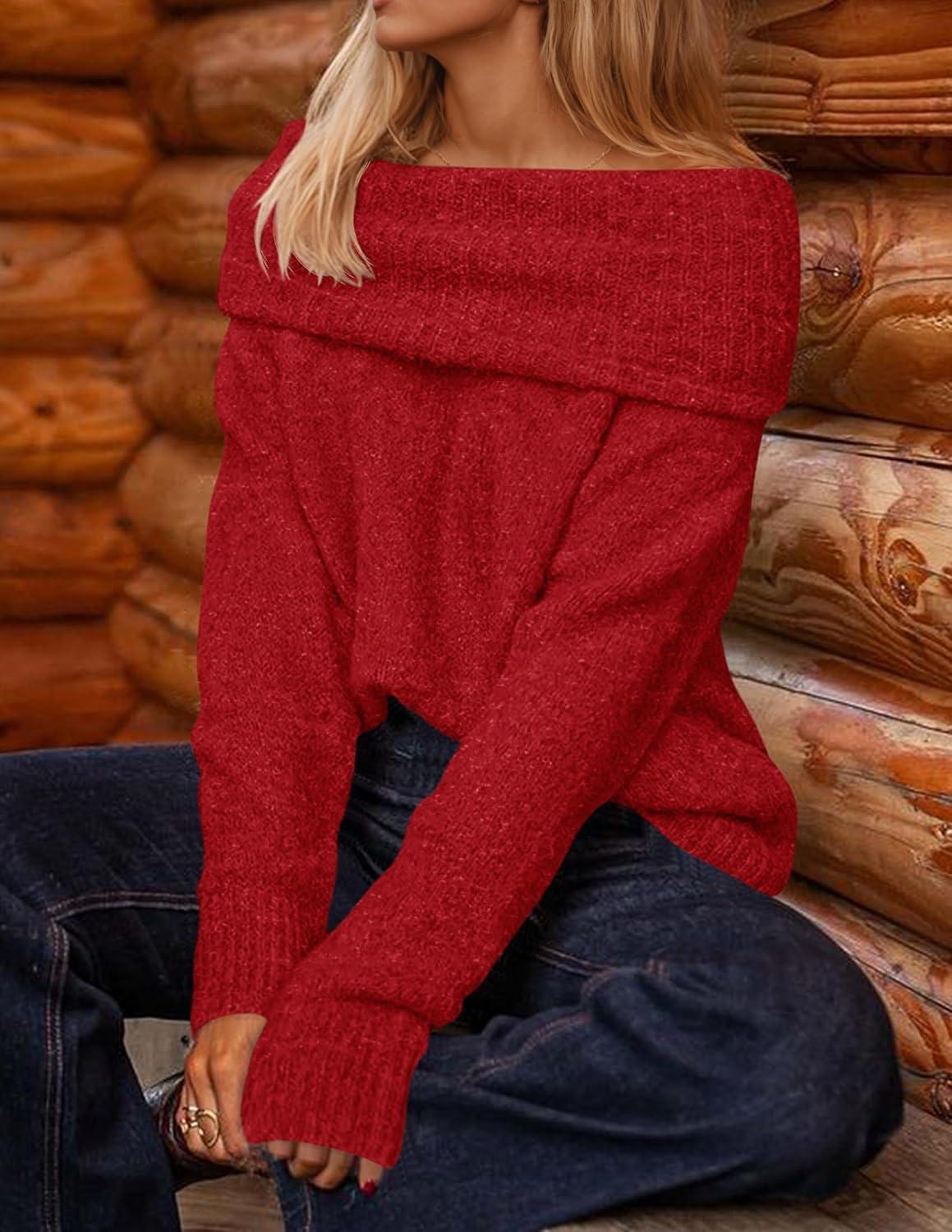 imageZESICA Womens Off The Shoulder Fall Sweaters Oversized Long Sleeve Pullover Tops 2025 Fashion Outfit ClothesRed