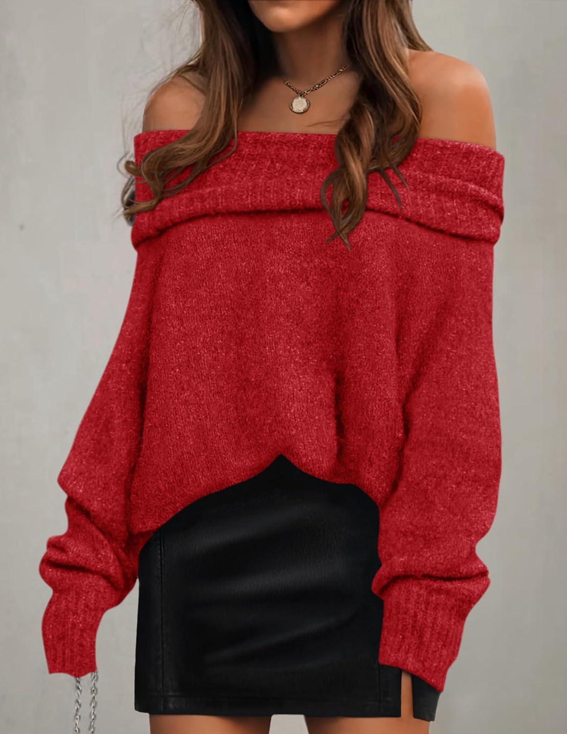 imageZESICA Womens Off The Shoulder Fall Sweaters Oversized Long Sleeve Pullover Tops 2025 Fashion Outfit ClothesRed