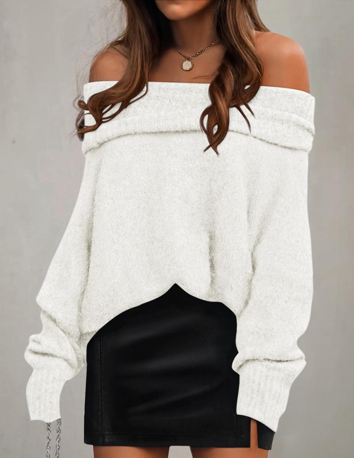 imageZESICA Womens Off The Shoulder Fall Sweaters Oversized Long Sleeve Pullover Tops 2025 Fashion Outfit ClothesWhite