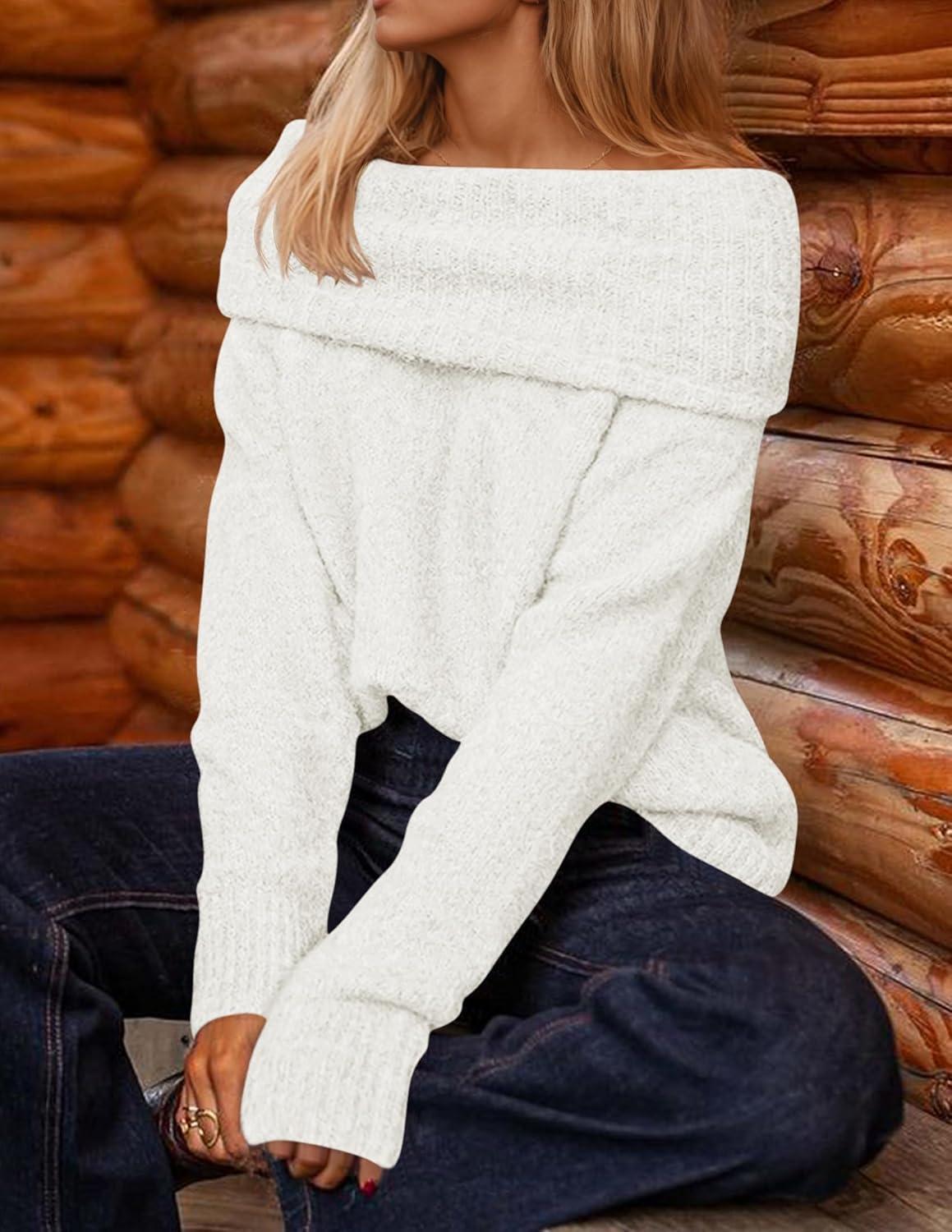 imageZESICA Womens Off The Shoulder Fall Sweaters Oversized Long Sleeve Pullover Tops 2025 Fashion Outfit ClothesWhite