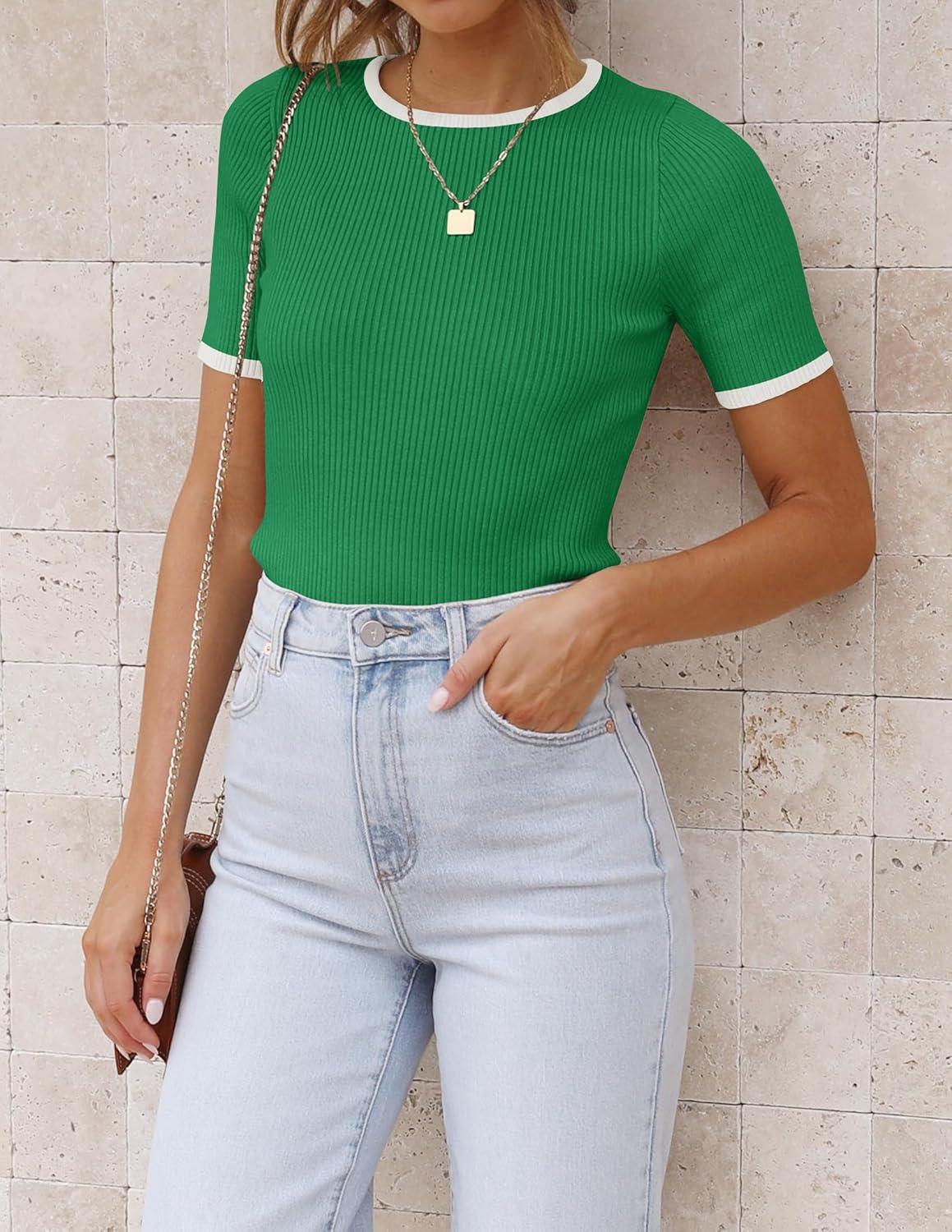 imageZESICA Womens Short Sleeve Sweater Tops 2025 Summer Crewneck T Shirt Ribbed Knit Slim Fit Basic Solid Color TeeGreen