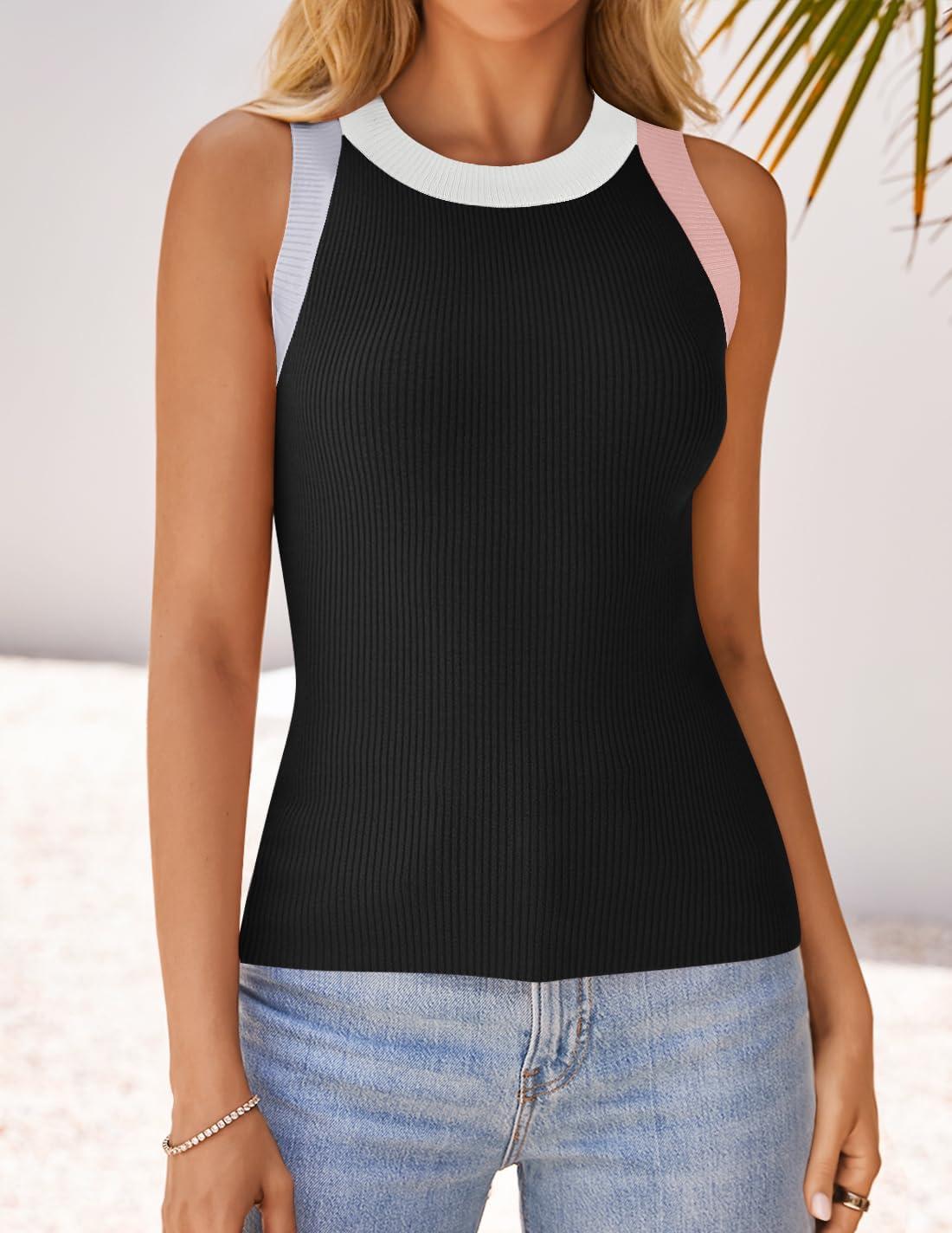 imageZESICA Womens Summer Sleeveless Tank Tops Ribbed High Neck Racerback Slim Fitted Color Block Casual ShirtsBlack