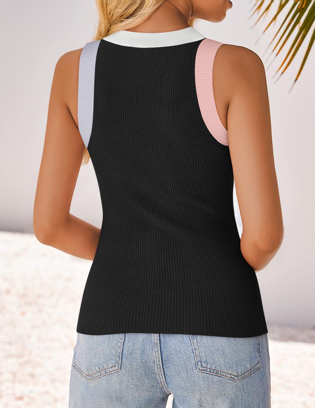 imageZESICA Womens Summer Sleeveless Tank Tops Ribbed High Neck Racerback Slim Fitted Color Block Casual ShirtsBlack