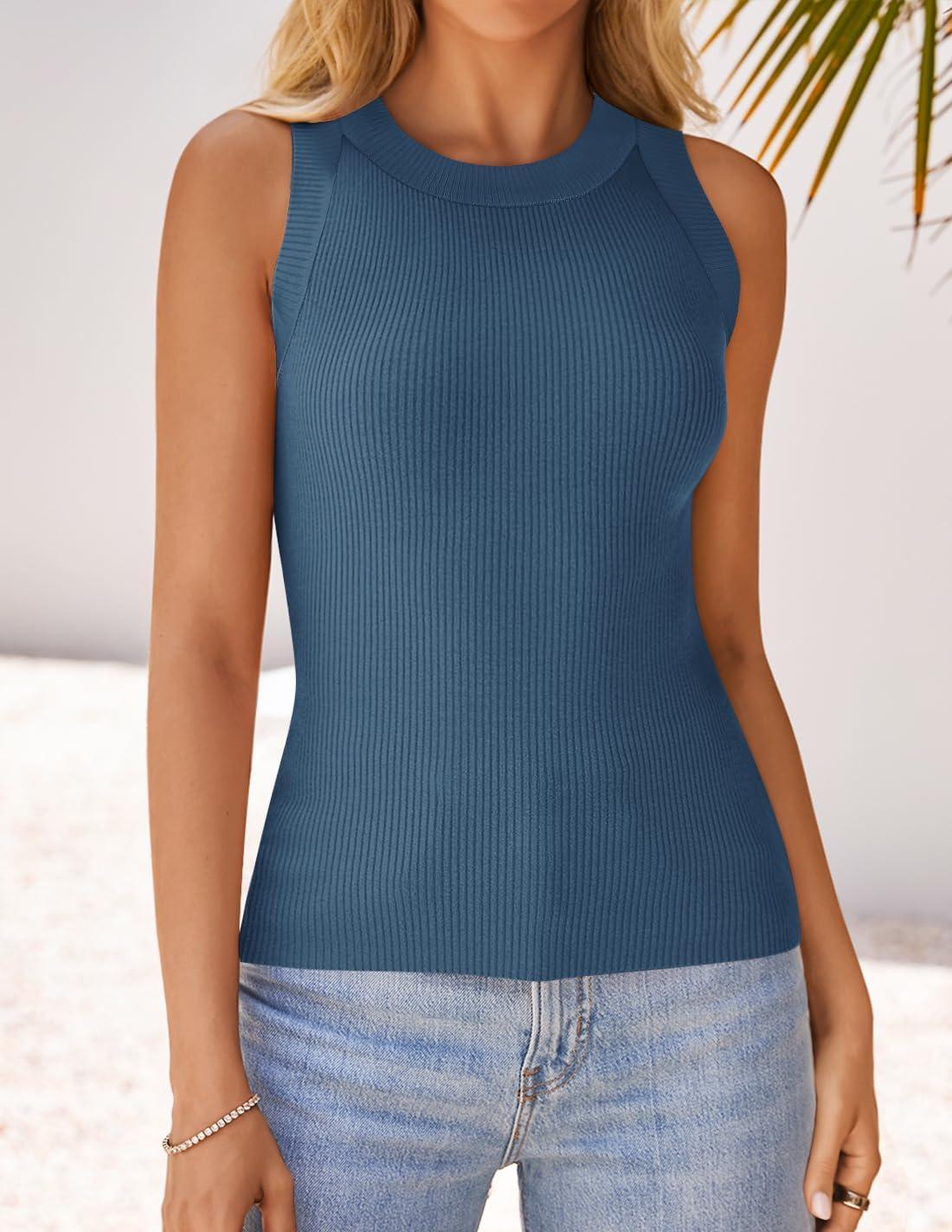 imageZESICA Womens Summer Sleeveless Tank Tops Ribbed High Neck Racerback Slim Fitted Color Block Casual ShirtsDarkblue