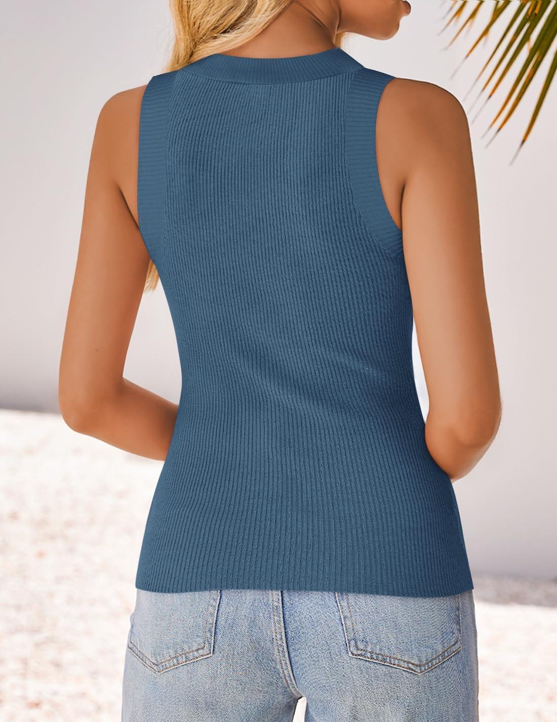imageZESICA Womens Summer Sleeveless Tank Tops Ribbed High Neck Racerback Slim Fitted Color Block Casual ShirtsDarkblue