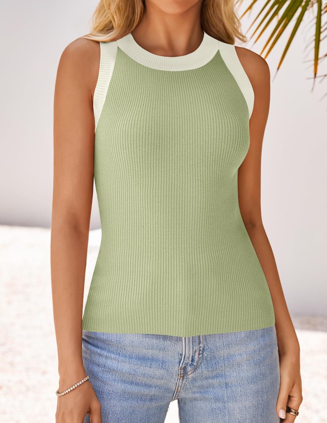 imageZESICA Womens Summer Sleeveless Tank Tops Ribbed High Neck Racerback Slim Fitted Color Block Casual ShirtsGreen