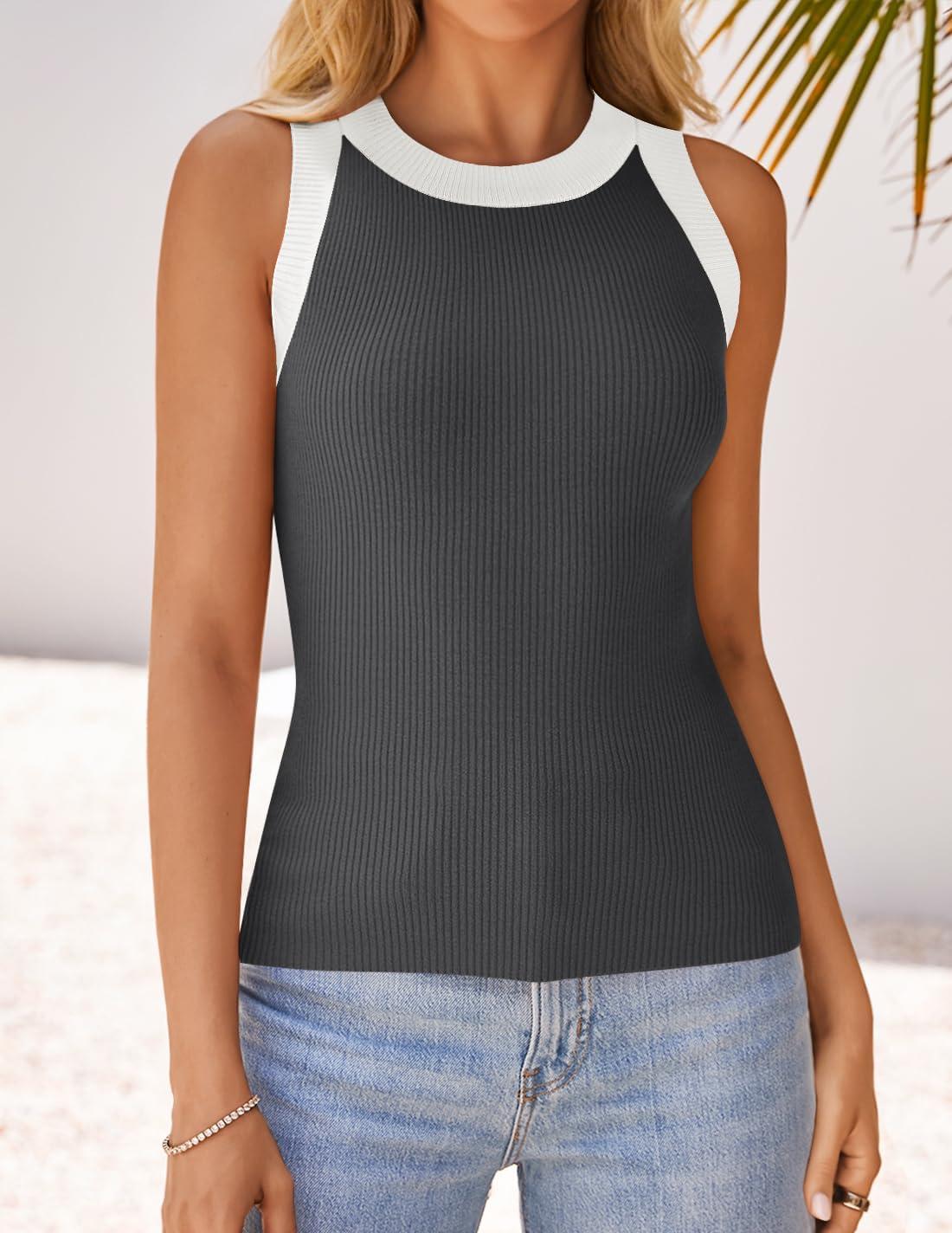 imageZESICA Womens Summer Sleeveless Tank Tops Ribbed High Neck Racerback Slim Fitted Color Block Casual ShirtsGrey