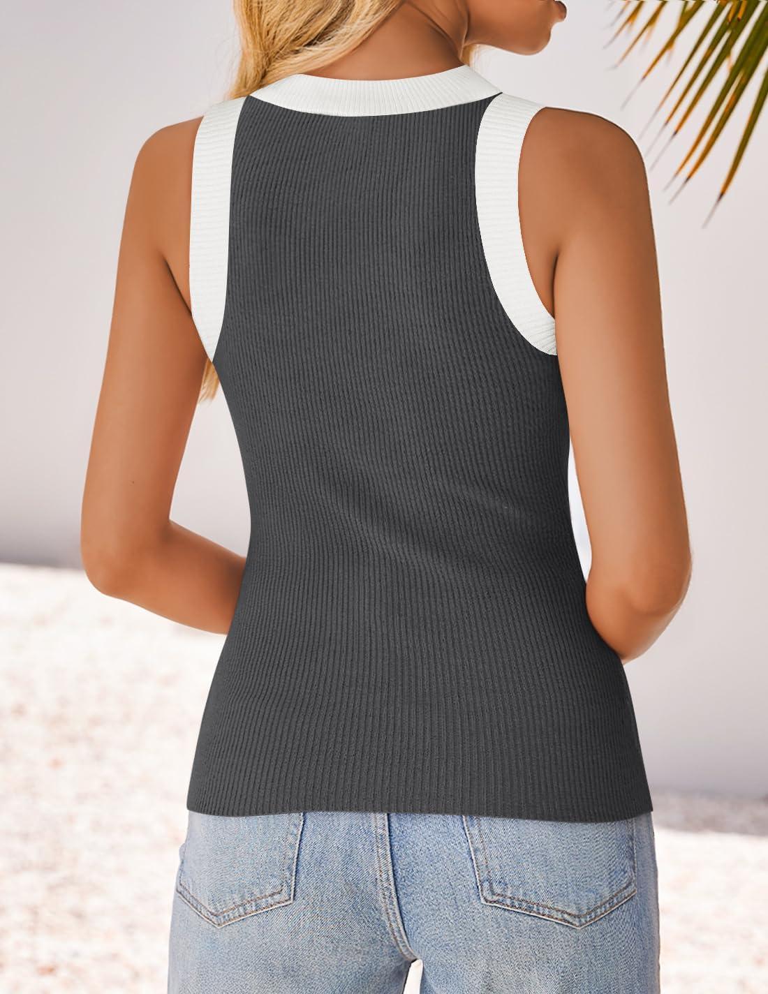imageZESICA Womens Summer Sleeveless Tank Tops Ribbed High Neck Racerback Slim Fitted Color Block Casual ShirtsGrey