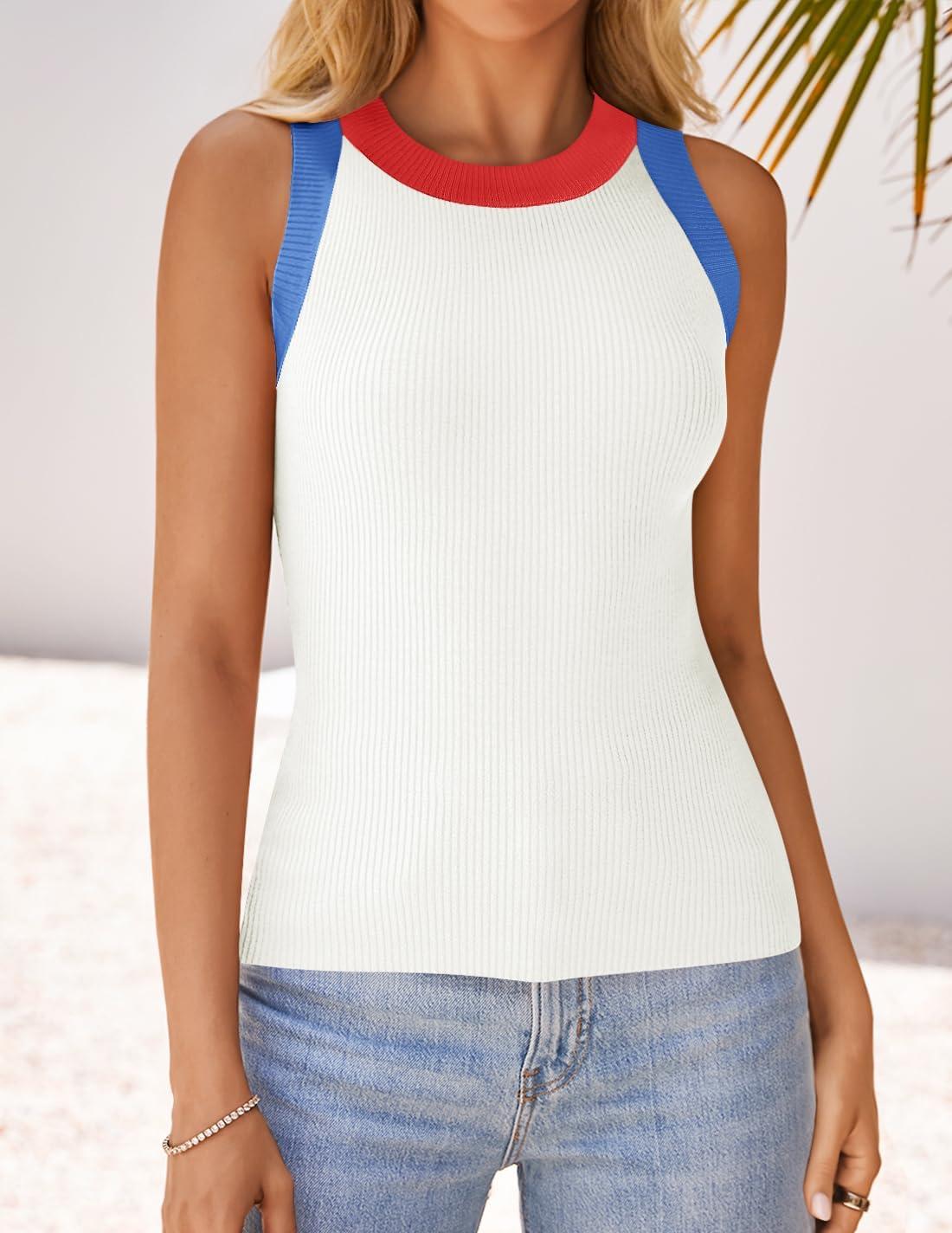 imageZESICA Womens Summer Sleeveless Tank Tops Ribbed High Neck Racerback Slim Fitted Color Block Casual ShirtsIvory