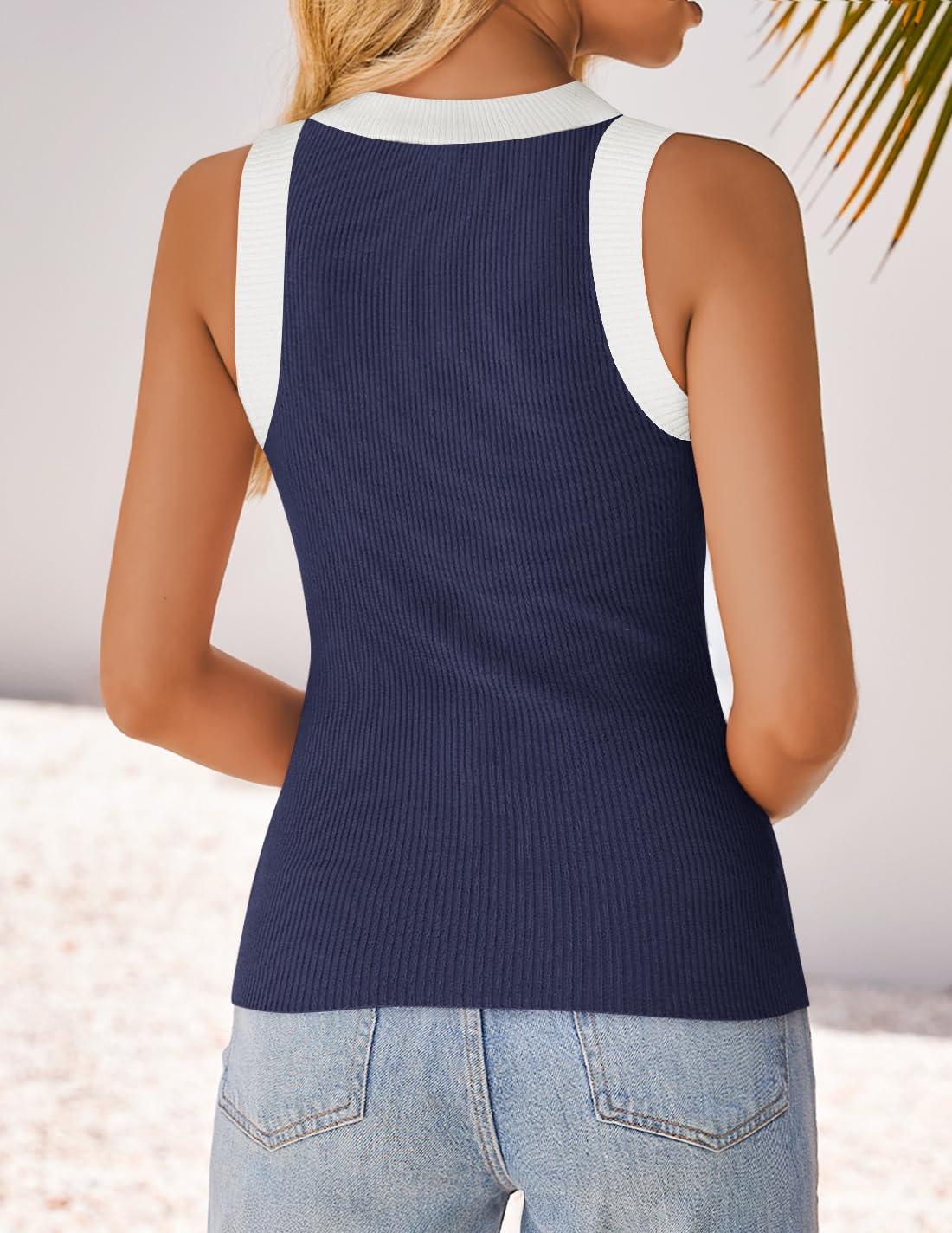 imageZESICA Womens Summer Sleeveless Tank Tops Ribbed High Neck Racerback Slim Fitted Color Block Casual ShirtsNavy