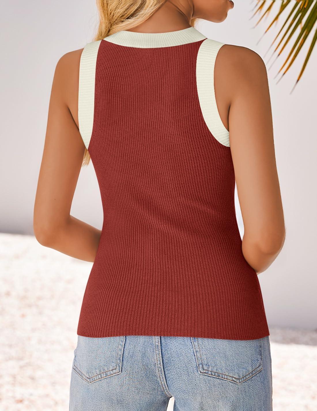 imageZESICA Womens Summer Sleeveless Tank Tops Ribbed High Neck Racerback Slim Fitted Color Block Casual ShirtsRed