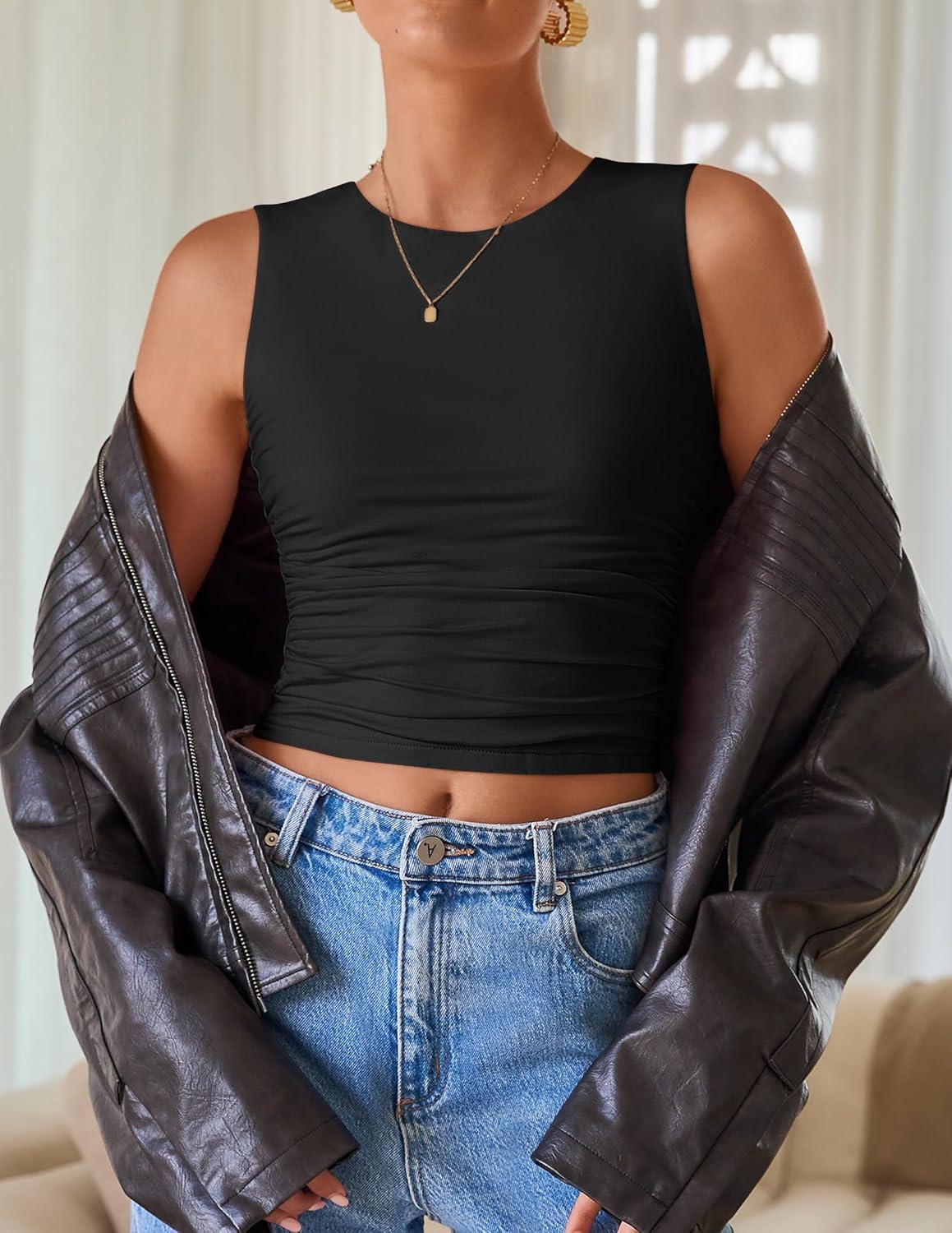 imageZESICA Womens Summer Tank Tops 2025 Sleeveless Crewneck Knit Slim Fitted Side Ruched Casual Basic ShirtBlack