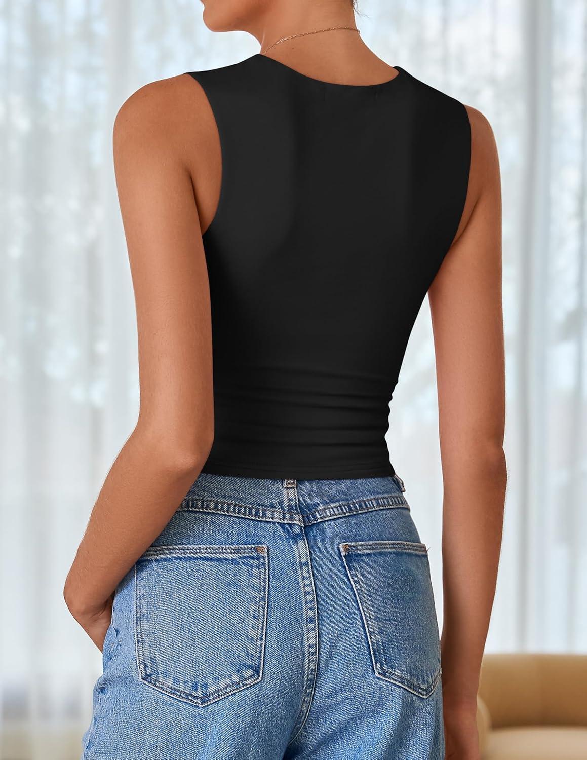 imageZESICA Womens Summer Tank Tops 2025 Sleeveless Crewneck Knit Slim Fitted Side Ruched Casual Basic ShirtBlack