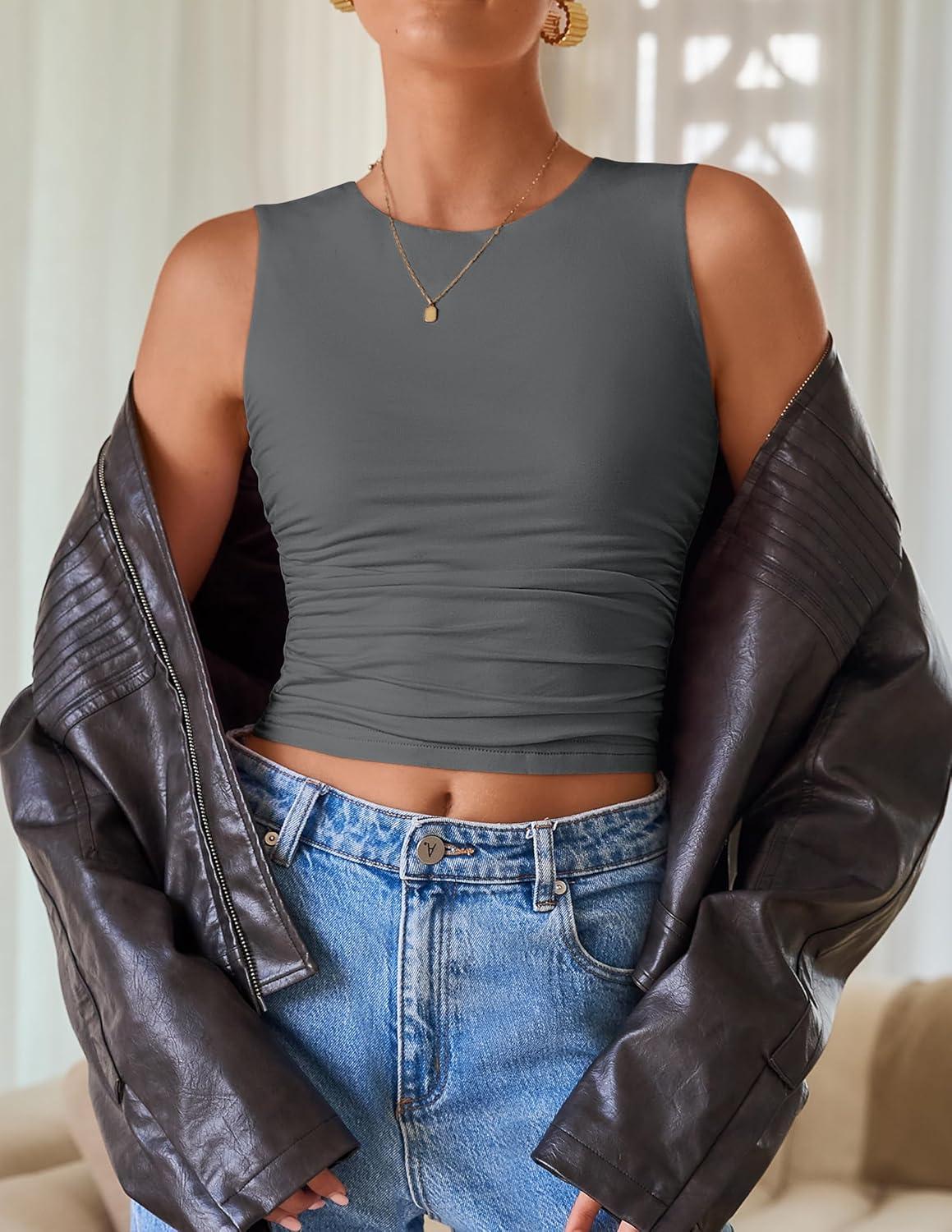 imageZESICA Womens Summer Tank Tops 2025 Sleeveless Crewneck Knit Slim Fitted Side Ruched Casual Basic ShirtCharcoal