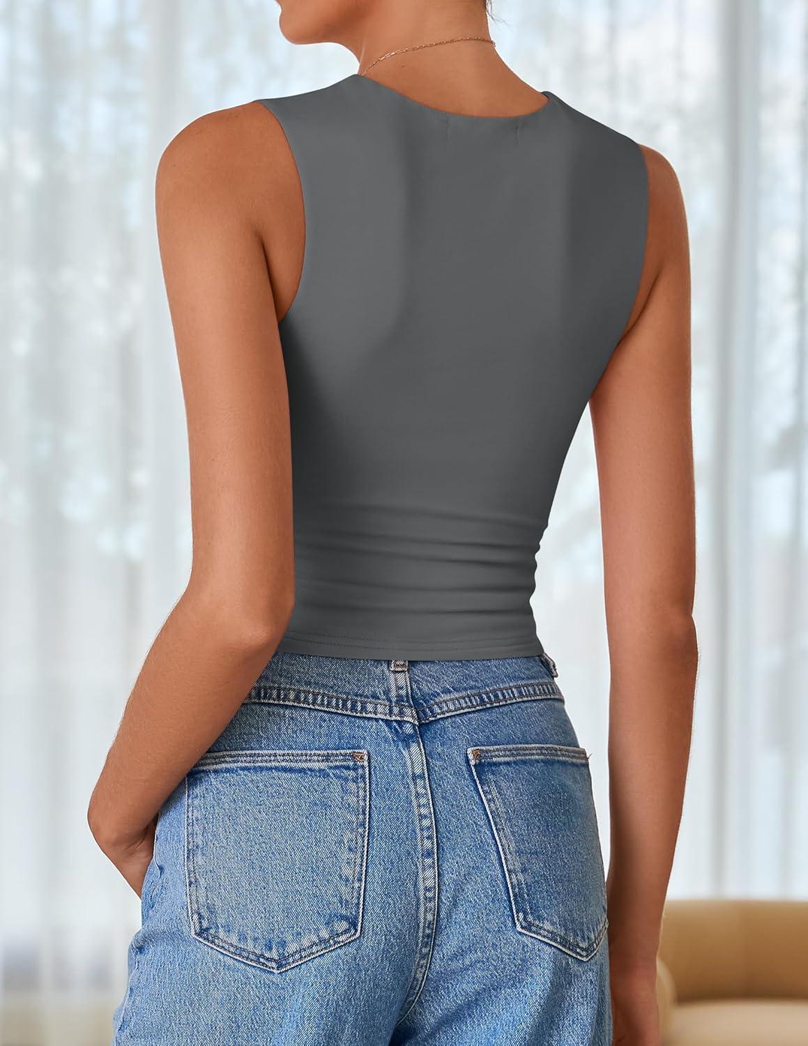 imageZESICA Womens Summer Tank Tops 2025 Sleeveless Crewneck Knit Slim Fitted Side Ruched Casual Basic ShirtCharcoal