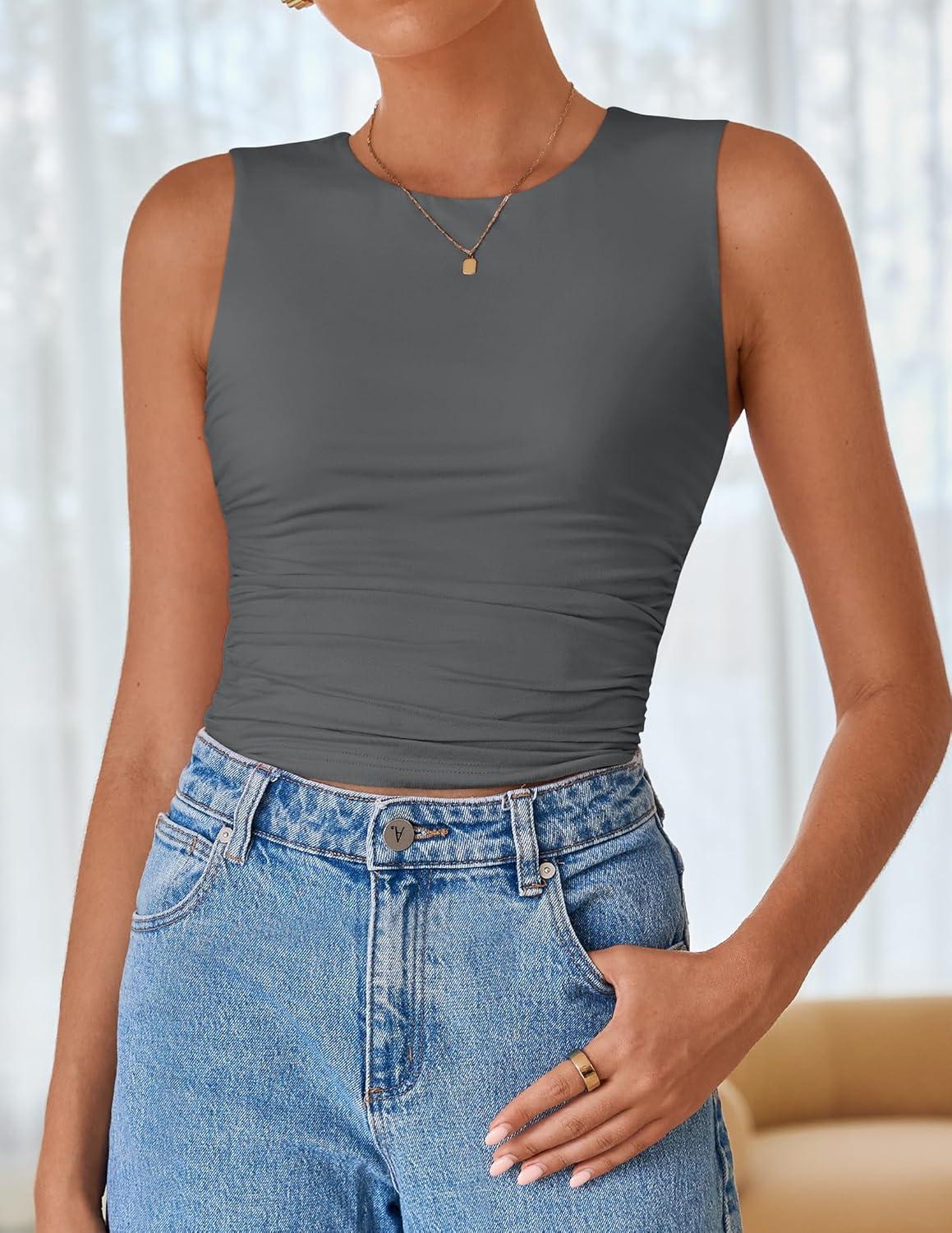 imageZESICA Womens Summer Tank Tops 2025 Sleeveless Crewneck Knit Slim Fitted Side Ruched Casual Basic ShirtCharcoal