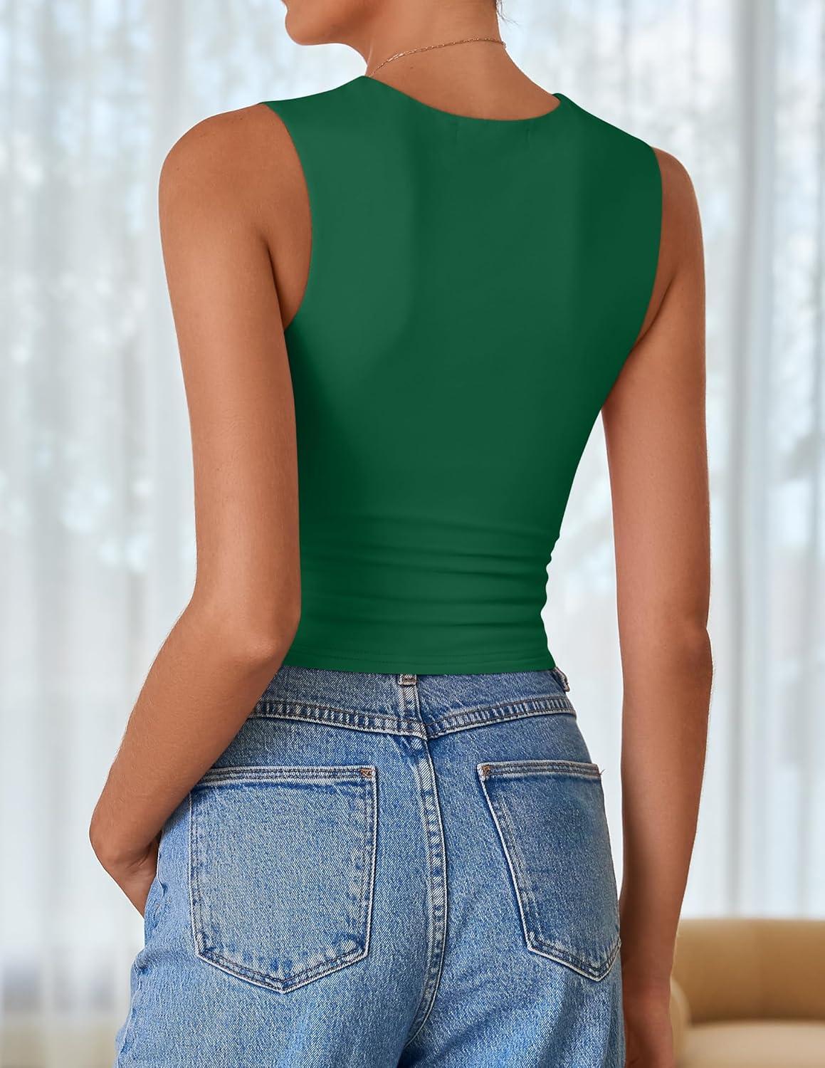 imageZESICA Womens Summer Tank Tops 2025 Sleeveless Crewneck Knit Slim Fitted Side Ruched Casual Basic ShirtGreen
