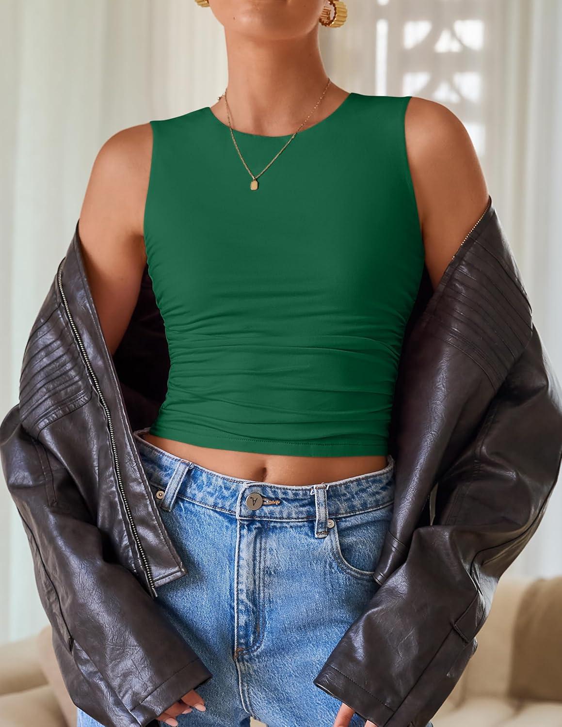 imageZESICA Womens Summer Tank Tops 2025 Sleeveless Crewneck Knit Slim Fitted Side Ruched Casual Basic ShirtGreen