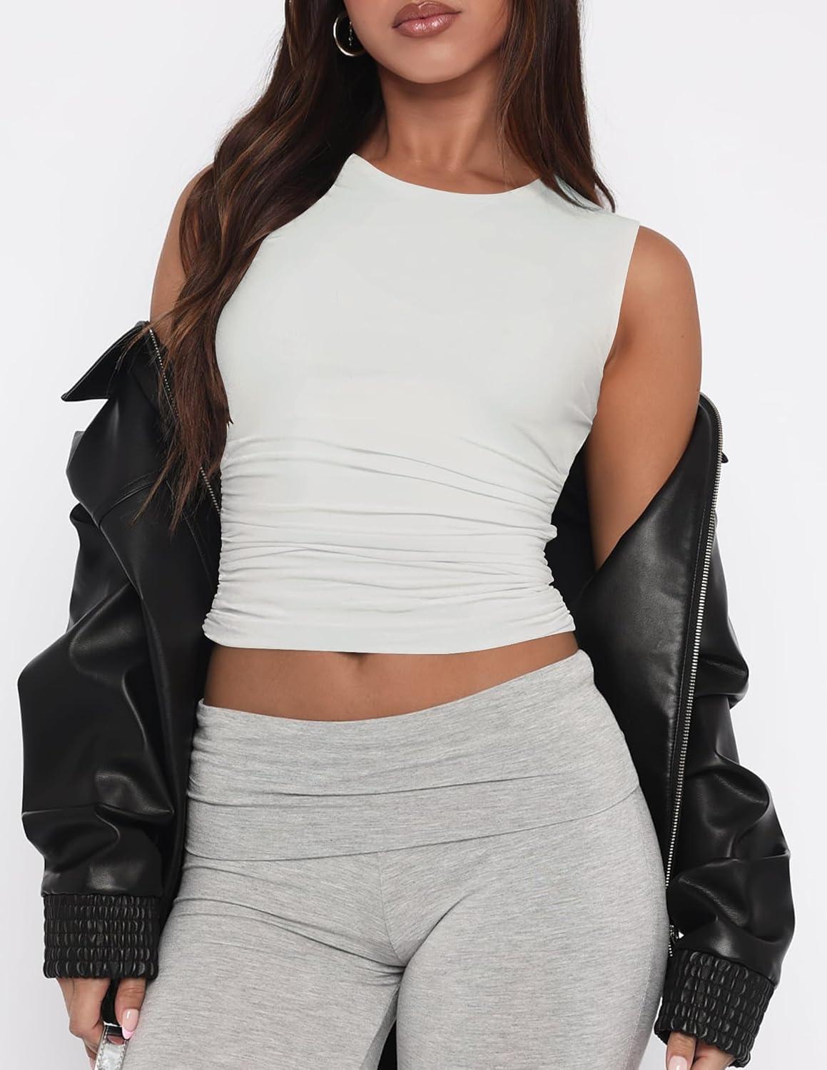imageZESICA Womens Summer Tank Tops 2025 Sleeveless Crewneck Knit Slim Fitted Side Ruched Casual Basic ShirtIvory