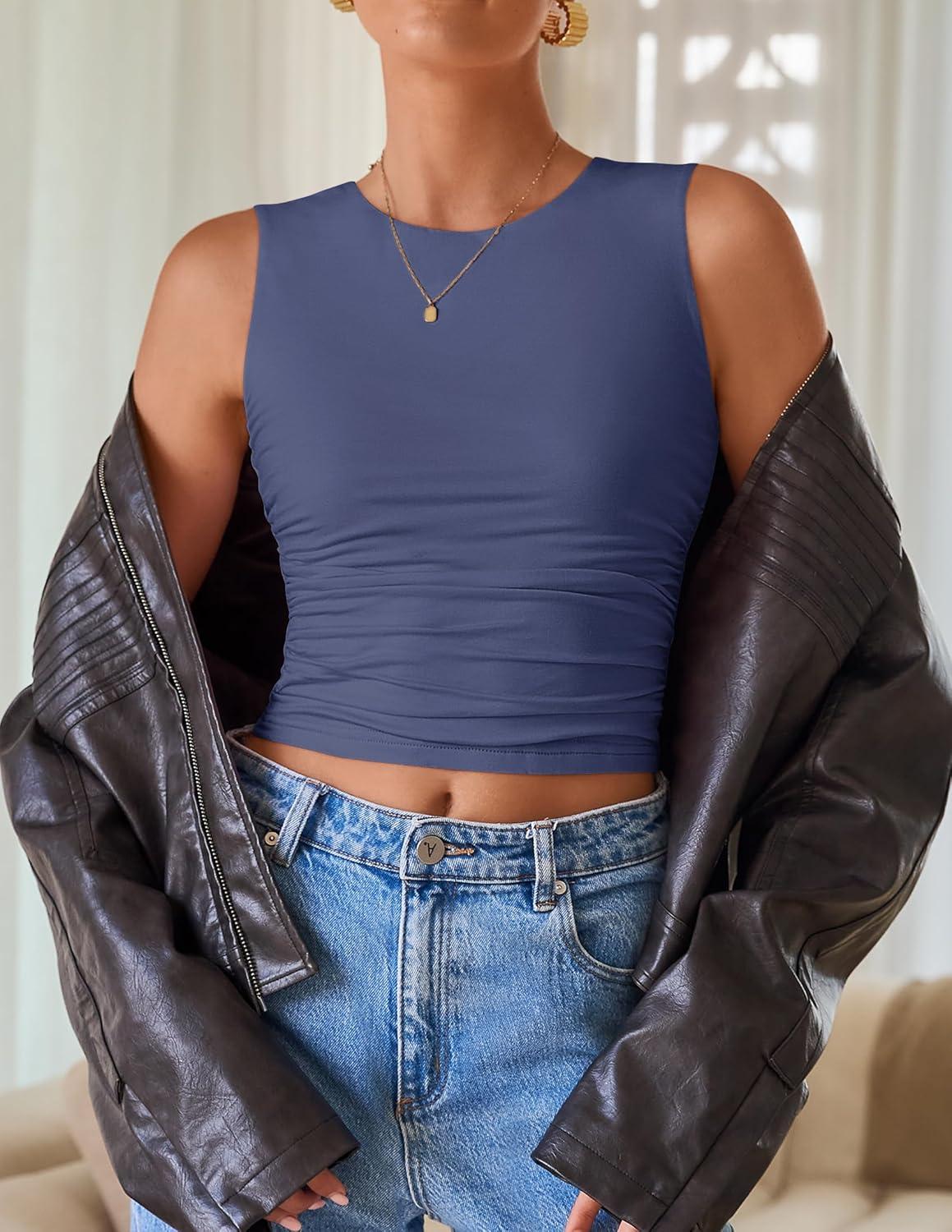 imageZESICA Womens Summer Tank Tops 2025 Sleeveless Crewneck Knit Slim Fitted Side Ruched Casual Basic ShirtNavy Blue