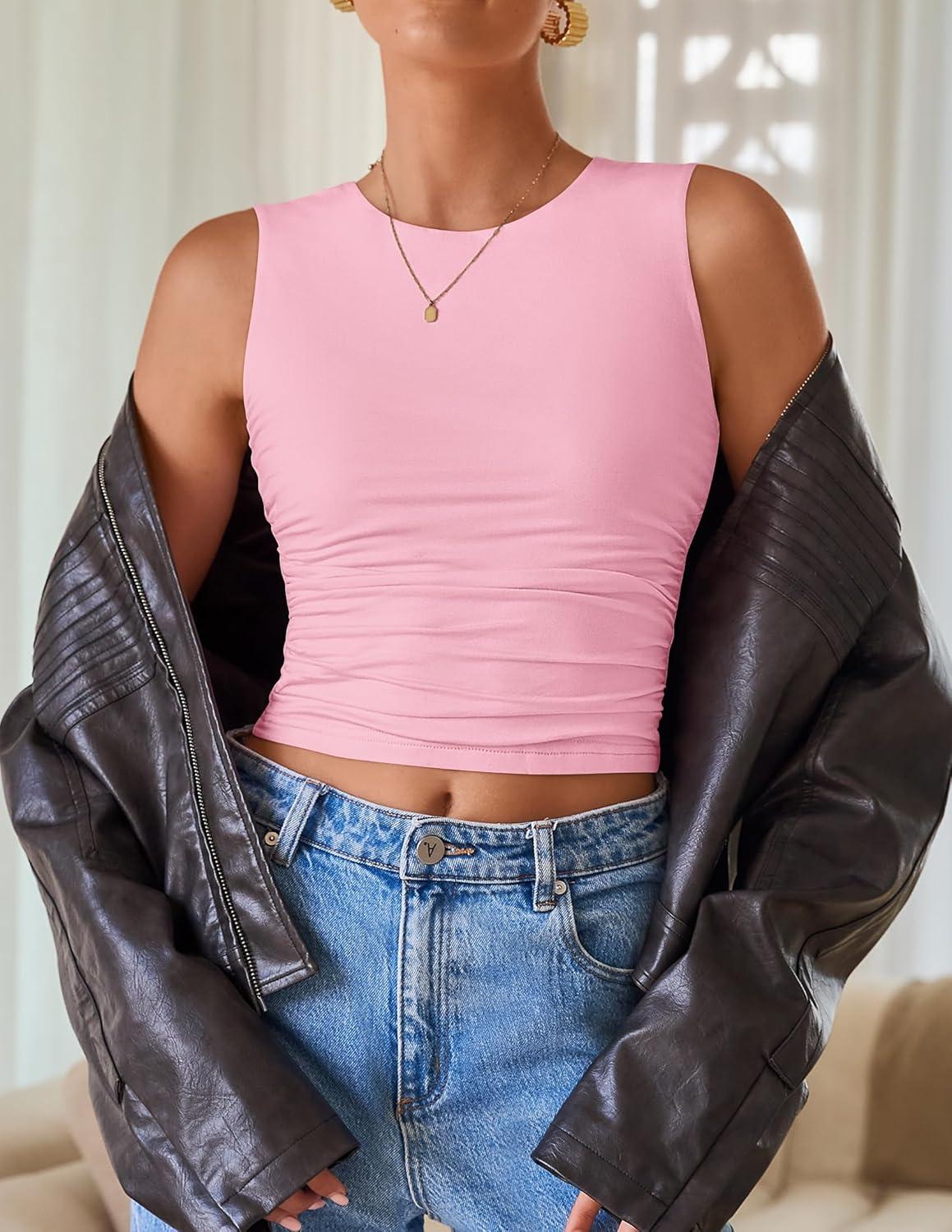 imageZESICA Womens Summer Tank Tops 2025 Sleeveless Crewneck Knit Slim Fitted Side Ruched Casual Basic ShirtPink