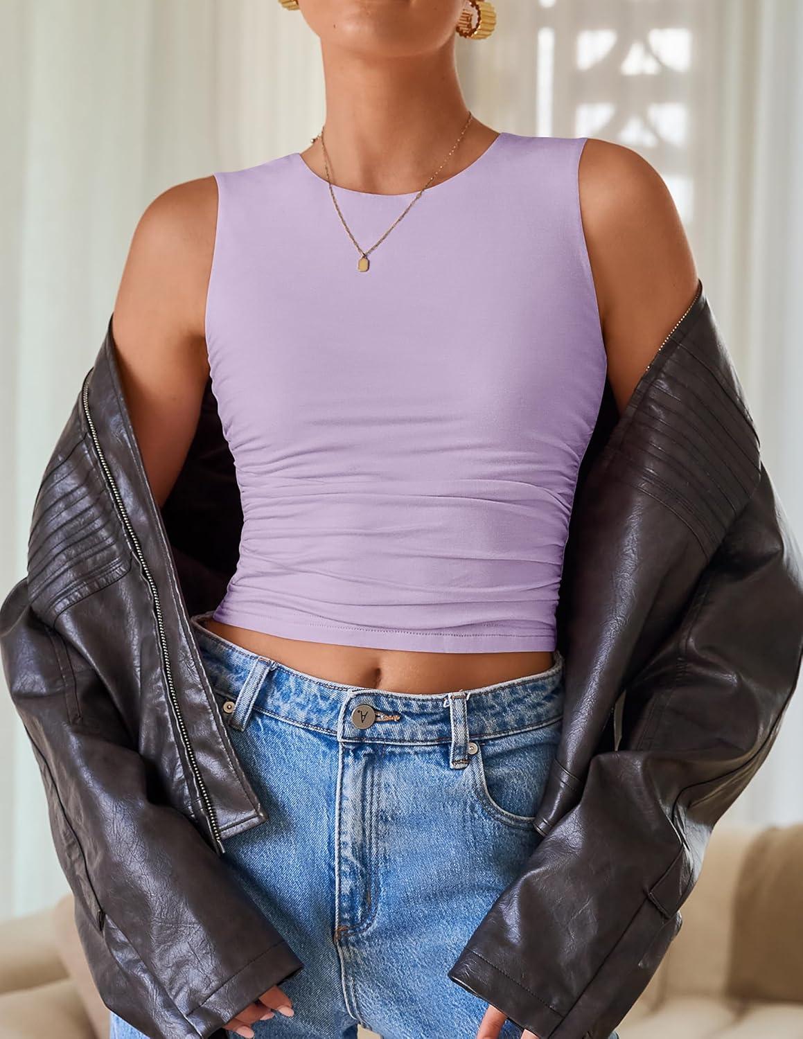 imageZESICA Womens Summer Tank Tops 2025 Sleeveless Crewneck Knit Slim Fitted Side Ruched Casual Basic ShirtPurple