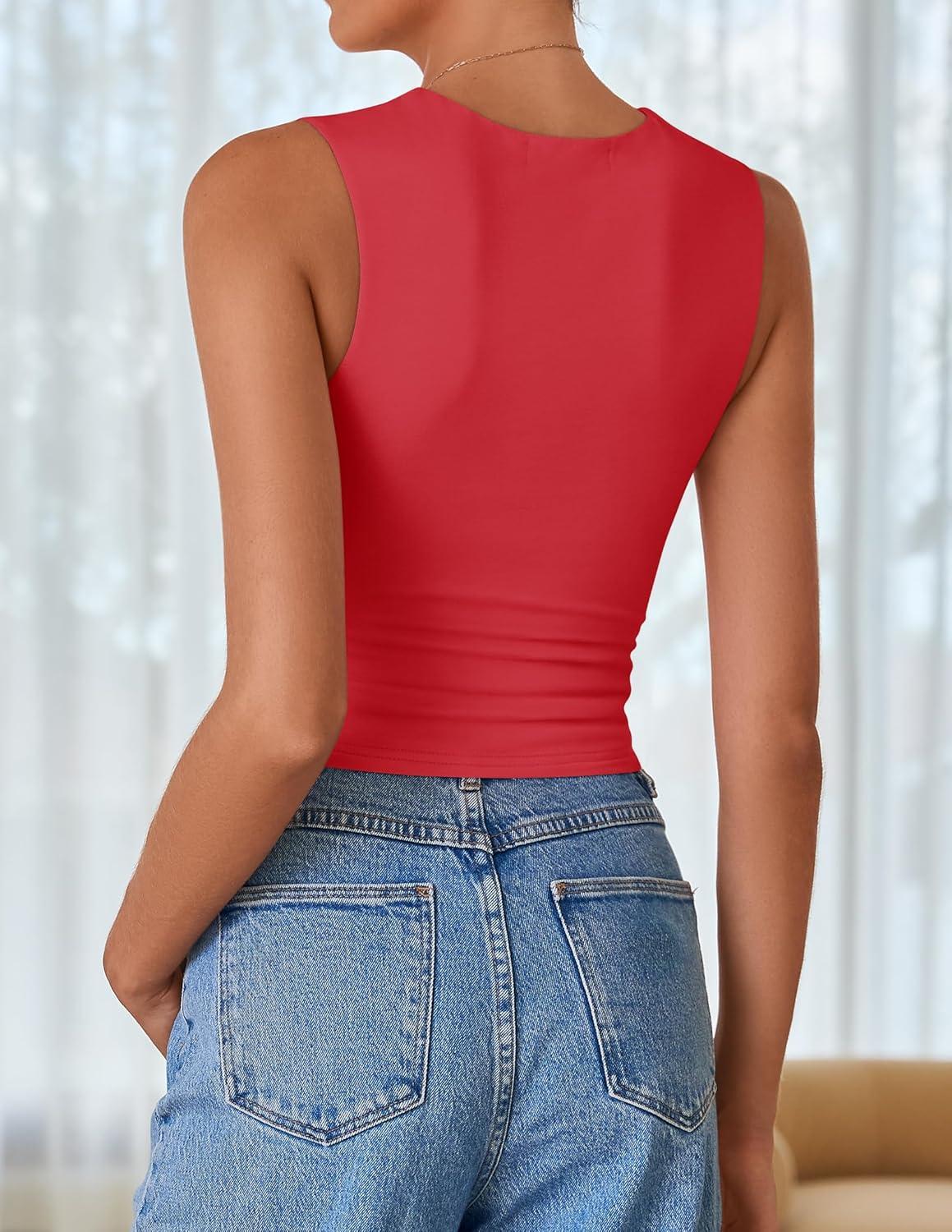 imageZESICA Womens Summer Tank Tops 2025 Sleeveless Crewneck Knit Slim Fitted Side Ruched Casual Basic ShirtRed