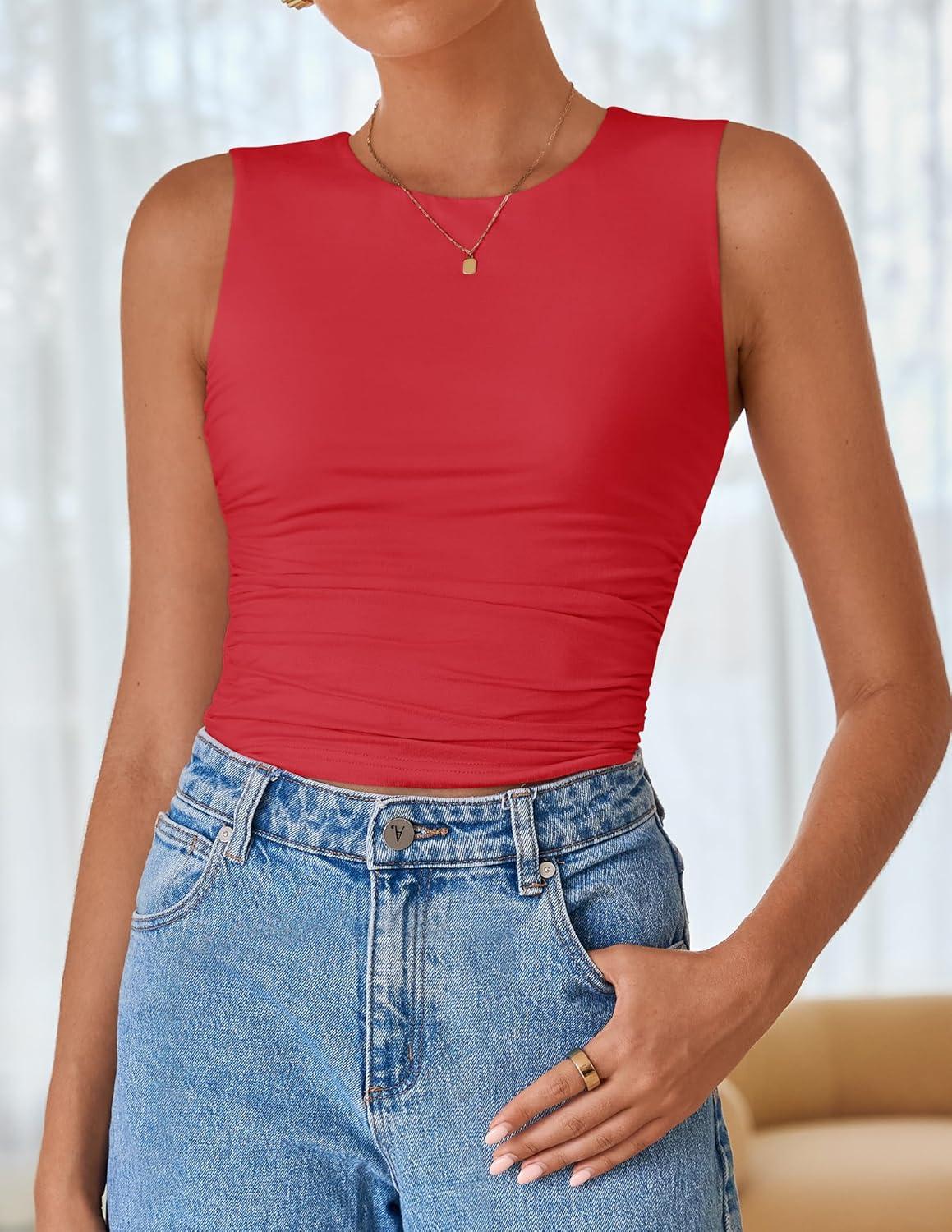 imageZESICA Womens Summer Tank Tops 2025 Sleeveless Crewneck Knit Slim Fitted Side Ruched Casual Basic ShirtRed
