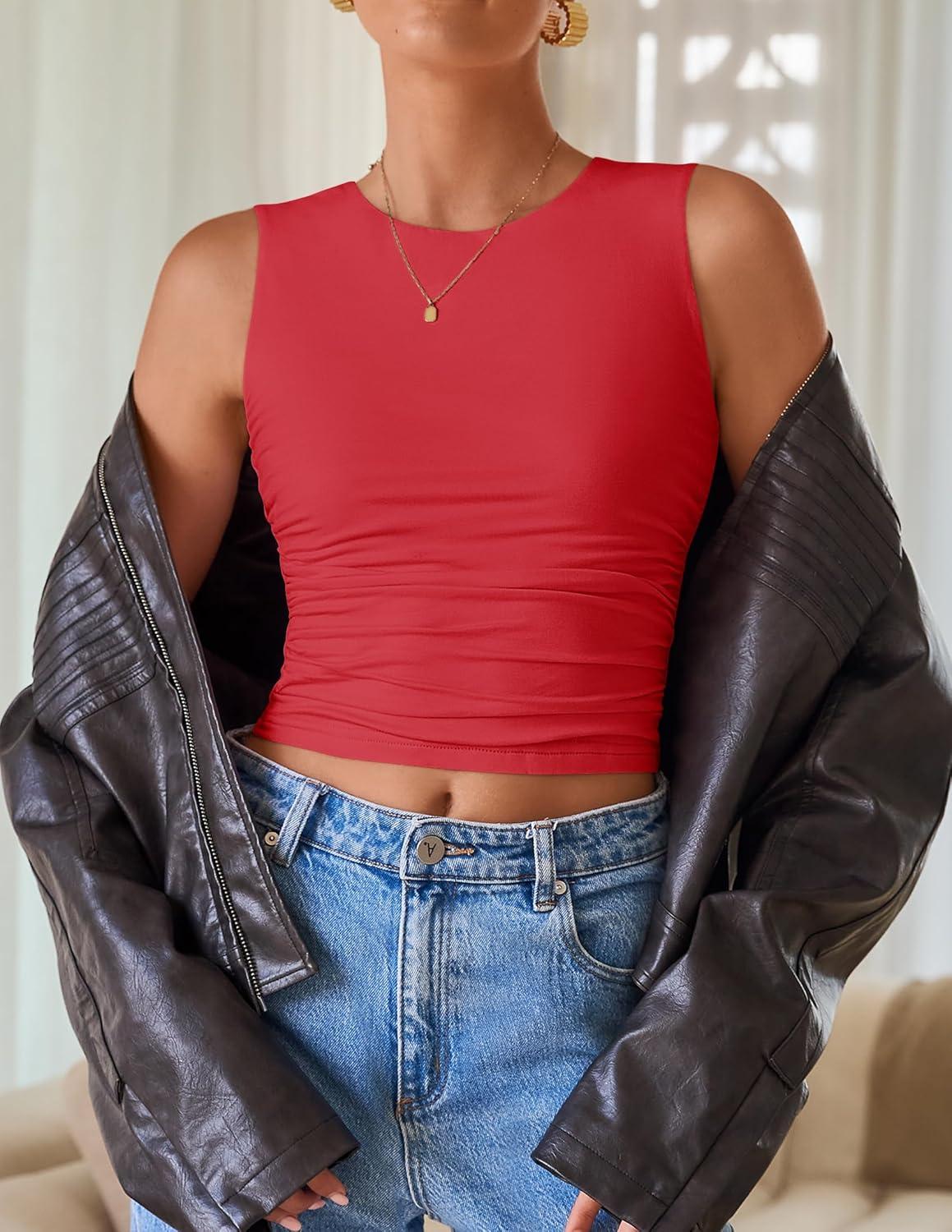 imageZESICA Womens Summer Tank Tops 2025 Sleeveless Crewneck Knit Slim Fitted Side Ruched Casual Basic ShirtRed