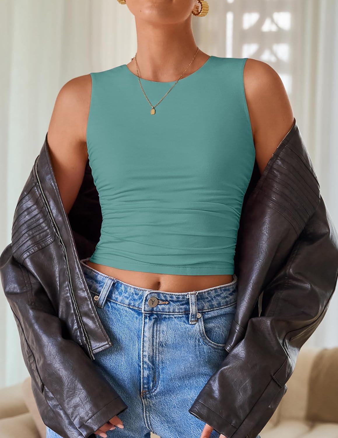 imageZESICA Womens Summer Tank Tops 2025 Sleeveless Crewneck Knit Slim Fitted Side Ruched Casual Basic ShirtTeal