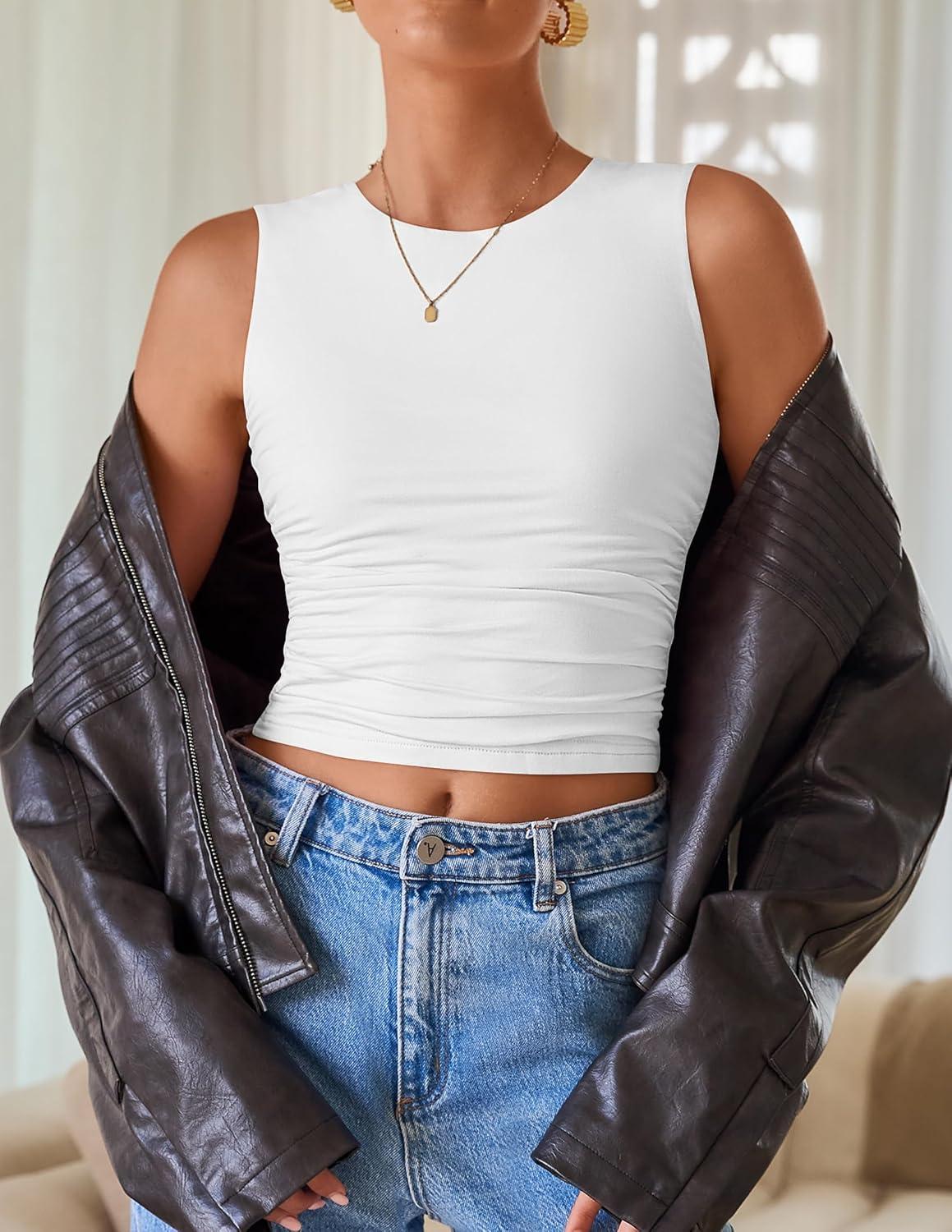 imageZESICA Womens Summer Tank Tops 2025 Sleeveless Crewneck Knit Slim Fitted Side Ruched Casual Basic ShirtWhite
