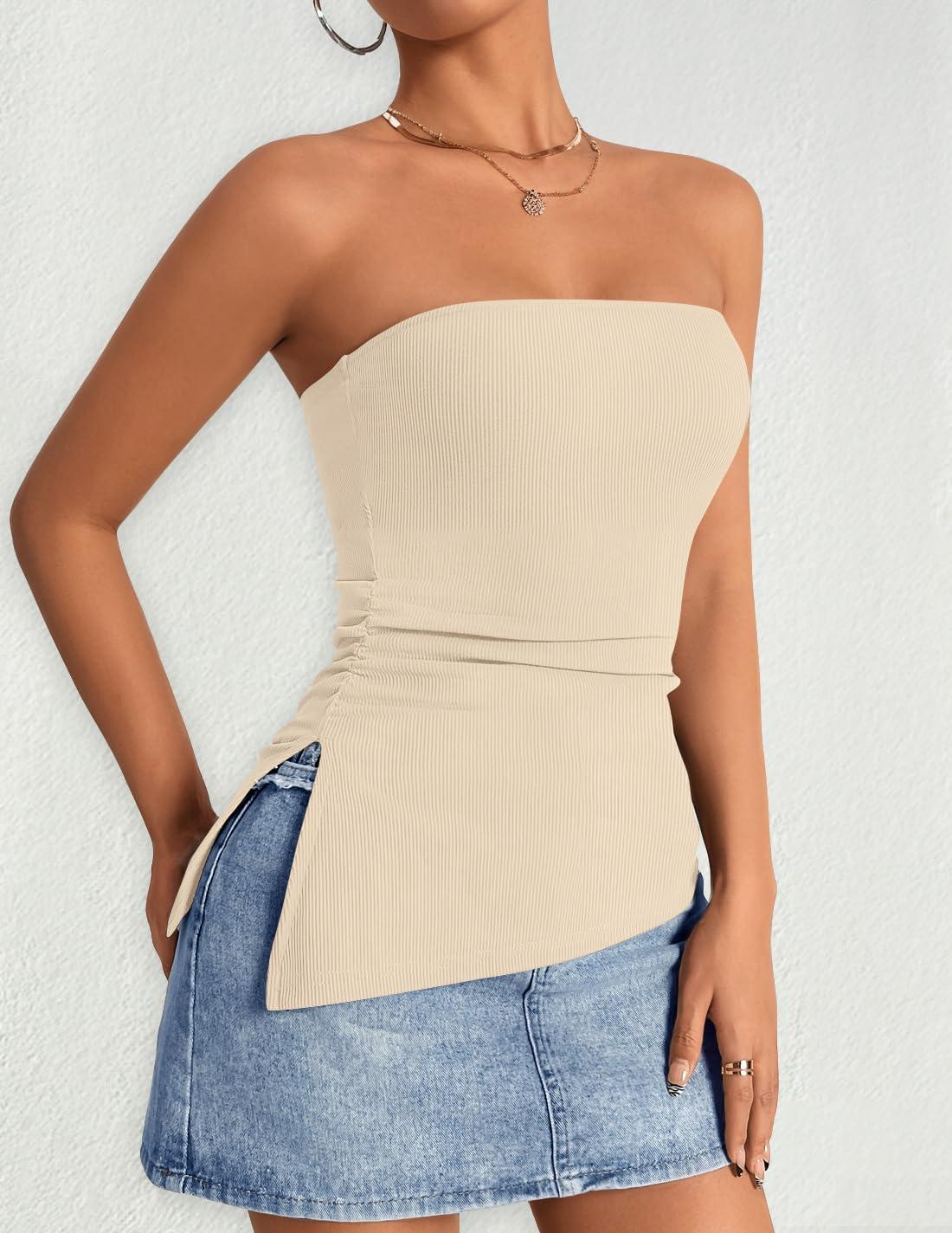 imageZESICA Womens Tube Top 2025 Summer Going Out Strapless Backless Ruched Trendy Tops Asymmetrical Bandeau OutfitsApricot