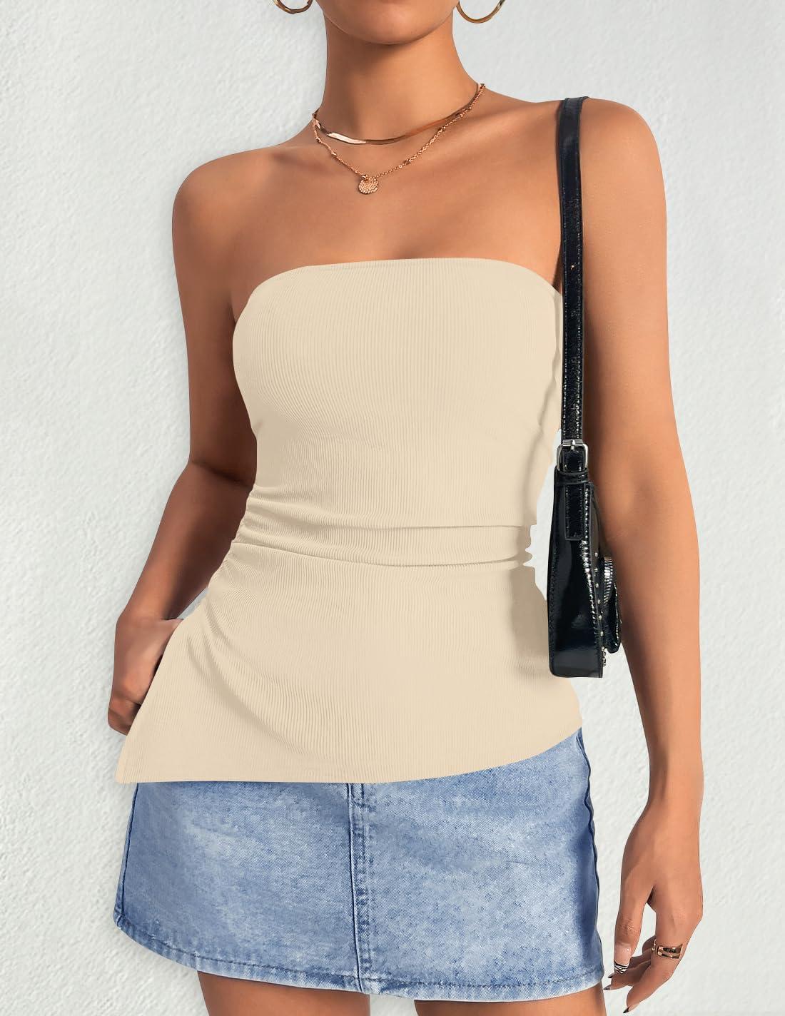 imageZESICA Womens Tube Top 2025 Summer Going Out Strapless Backless Ruched Trendy Tops Asymmetrical Bandeau OutfitsApricot