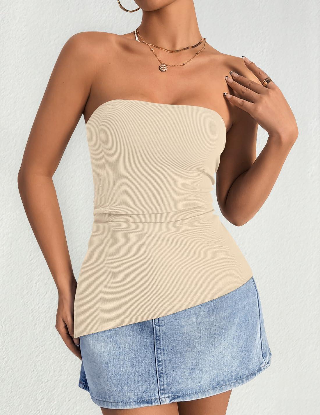 imageZESICA Womens Tube Top 2025 Summer Going Out Strapless Backless Ruched Trendy Tops Asymmetrical Bandeau OutfitsApricot