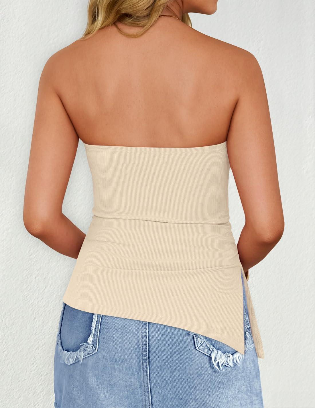 imageZESICA Womens Tube Top 2025 Summer Going Out Strapless Backless Ruched Trendy Tops Asymmetrical Bandeau OutfitsApricot